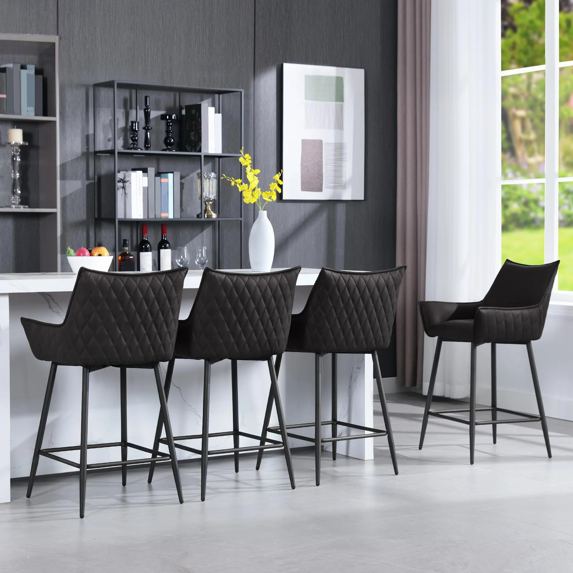 WOLTU Juego de 4 Taburetes Altos de Cocina con Respaldo y Reposapiés, Asiento PU, para Comedor y Cocina, Antracita