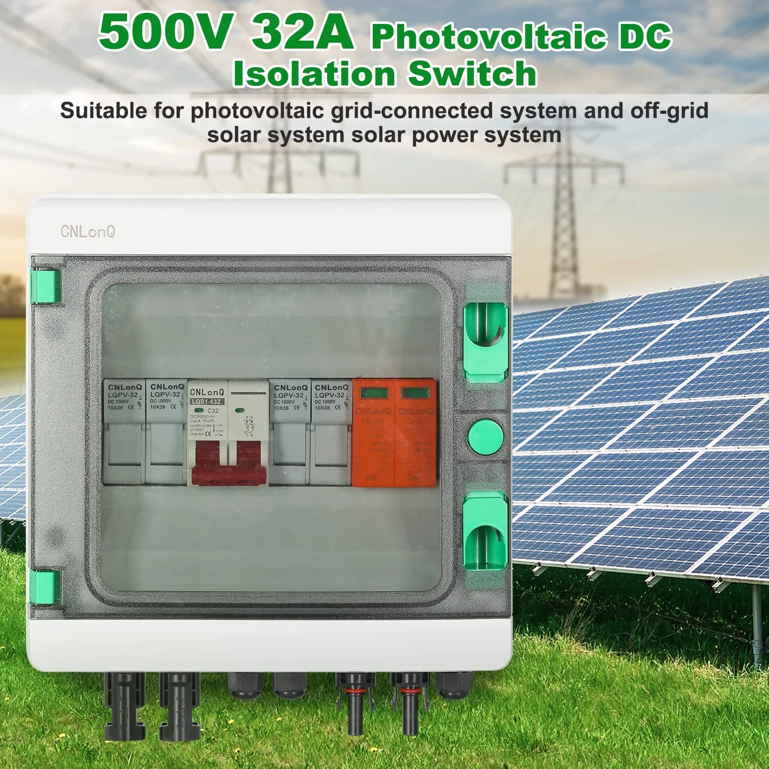 Caja Combinadora Fotovoltaica Con Disyuntor de 32A, Pararrayos y Conector Solar, Para Sistema de Panel de Red de Encendido/Apagado 500V, 2 in 1 out 2