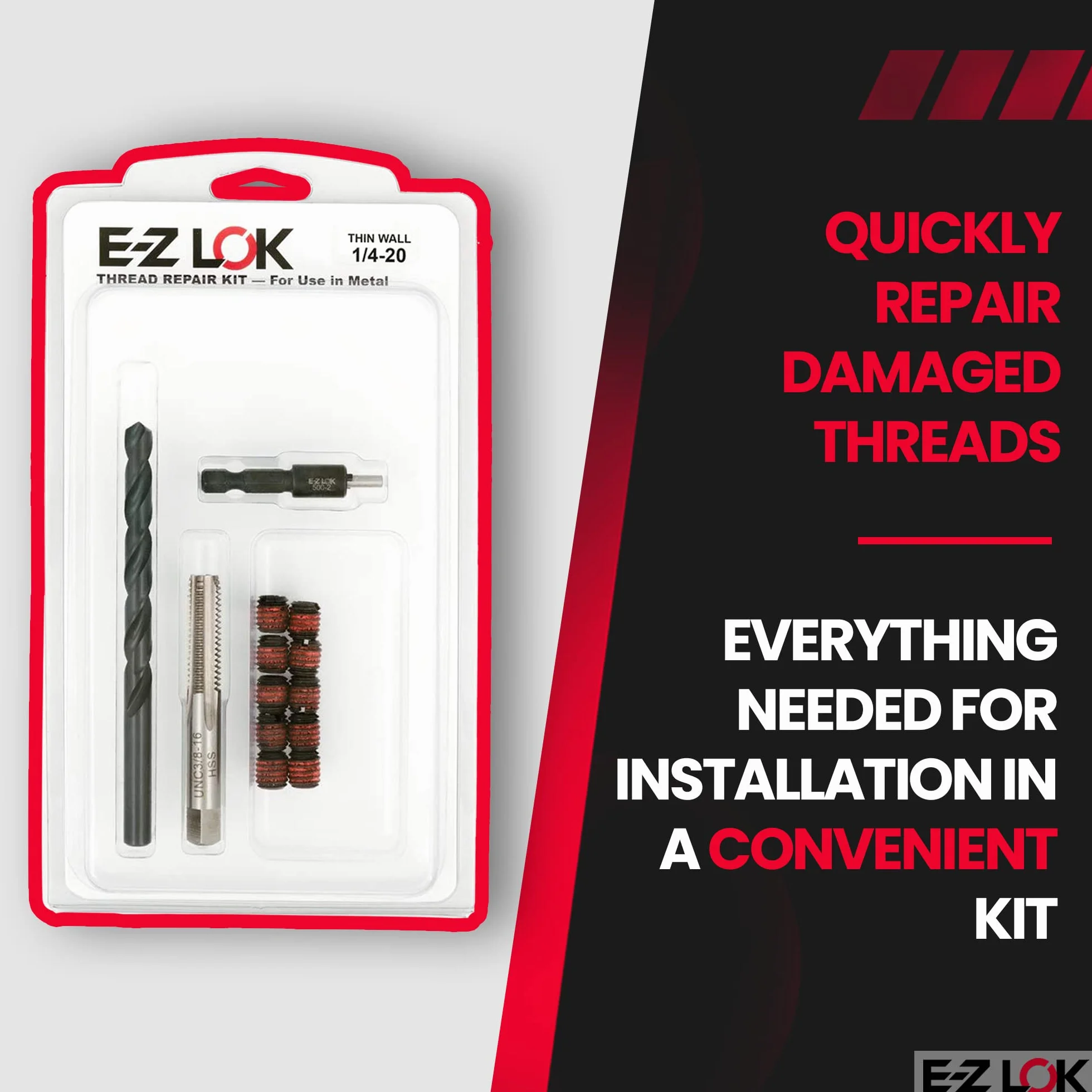 E-ZLOK EZ-310-4 Inserciones roscadas para metal 1/4-20 Kit de instalación acero óxido negro