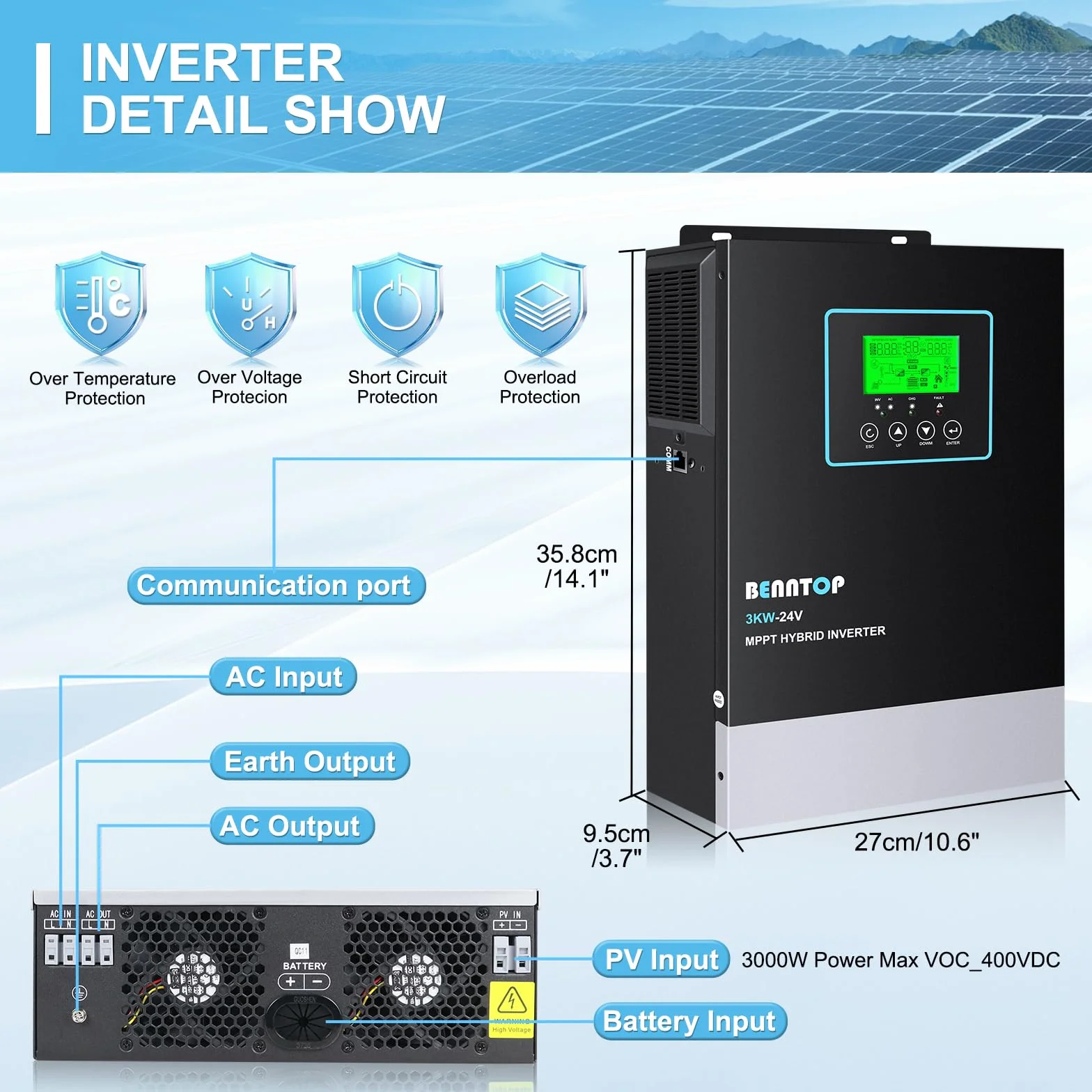 3000W Solar Inversor híbrido 24V a 230v 220v Onda Pura Off-Grid Inversor, con Controlador de Carga Solar MPPT de 80A Incorporado, MAX.PV 400Vdc,admite baterías de Plomo-ácido y Litio