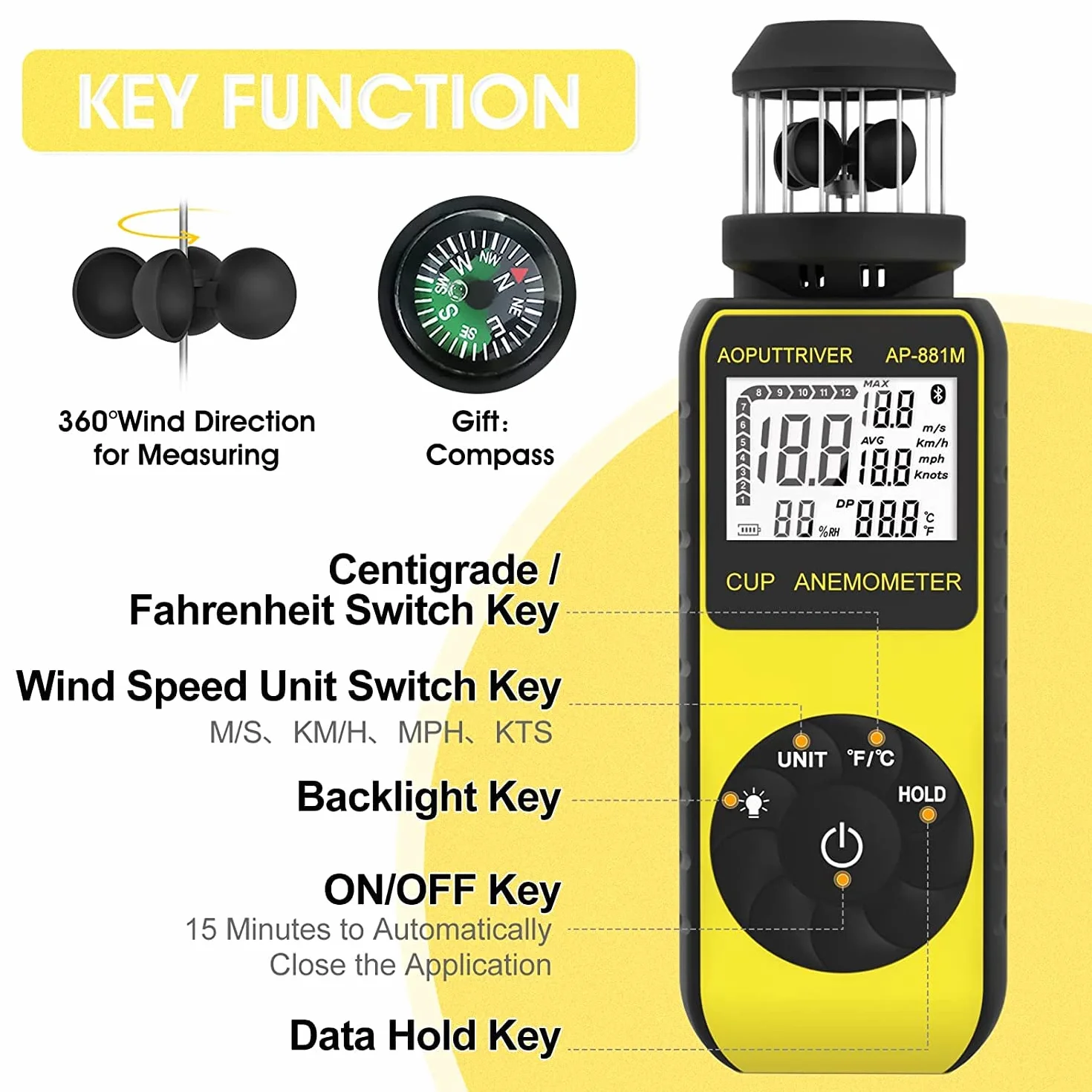 Anemómetro digital AP-881M Medidor de velocidad del viento portátil 360° Brújula
