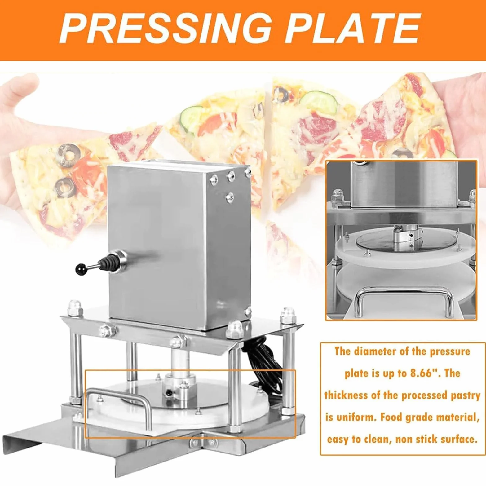 Laminadora para Pizza, Prensa para Pasta de Pizza Comercial diámetro de 8,6pulgadas, Máquina eléctrica para prensar Masa de Pizza, máquina para Pasta de Acero Inoxidable de Banco