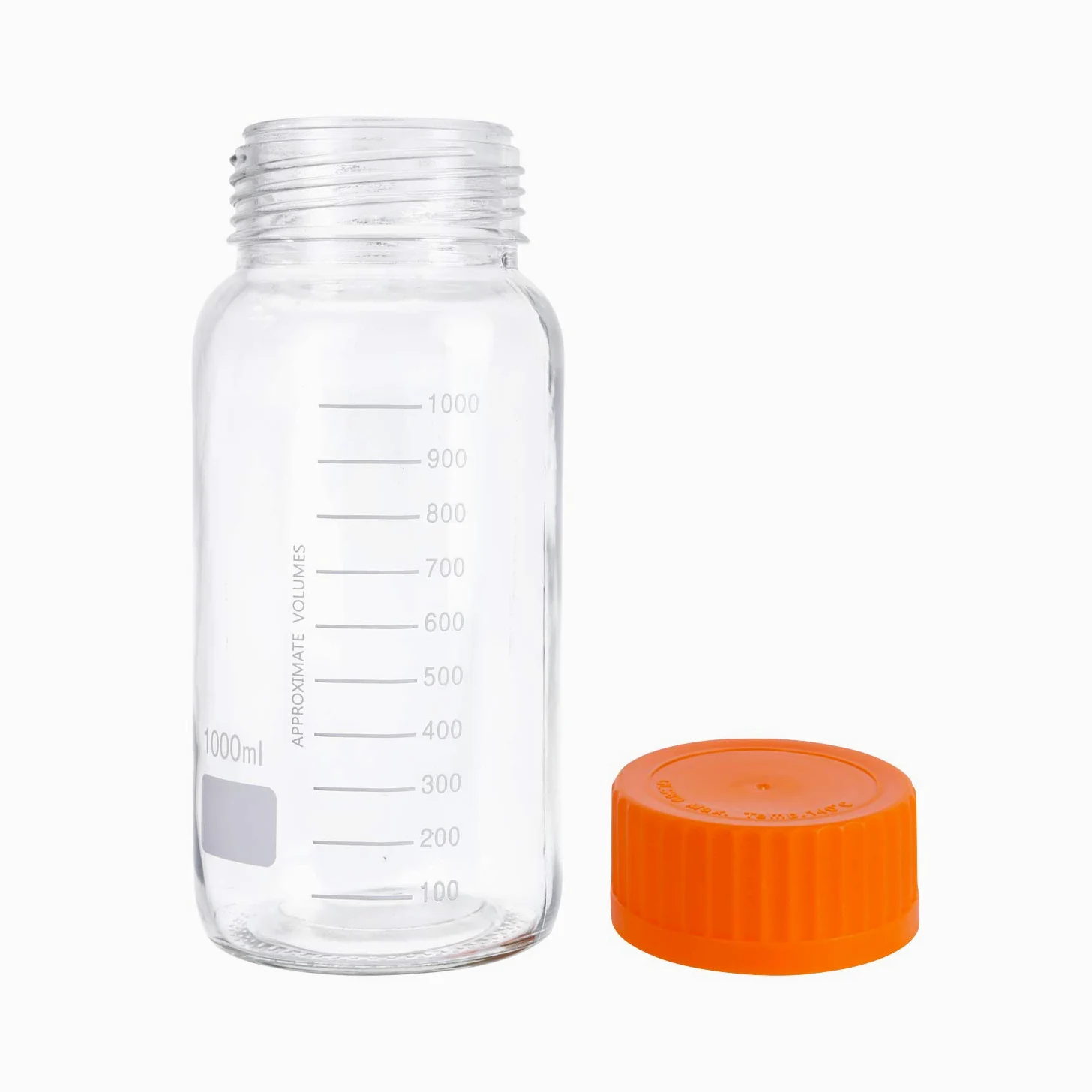 Pyrex - Paquete de 3 botellas de vidrio redondas graduadas de boca ancha de 1000 ml con tapón de rosca de polipropileno naranja GL80