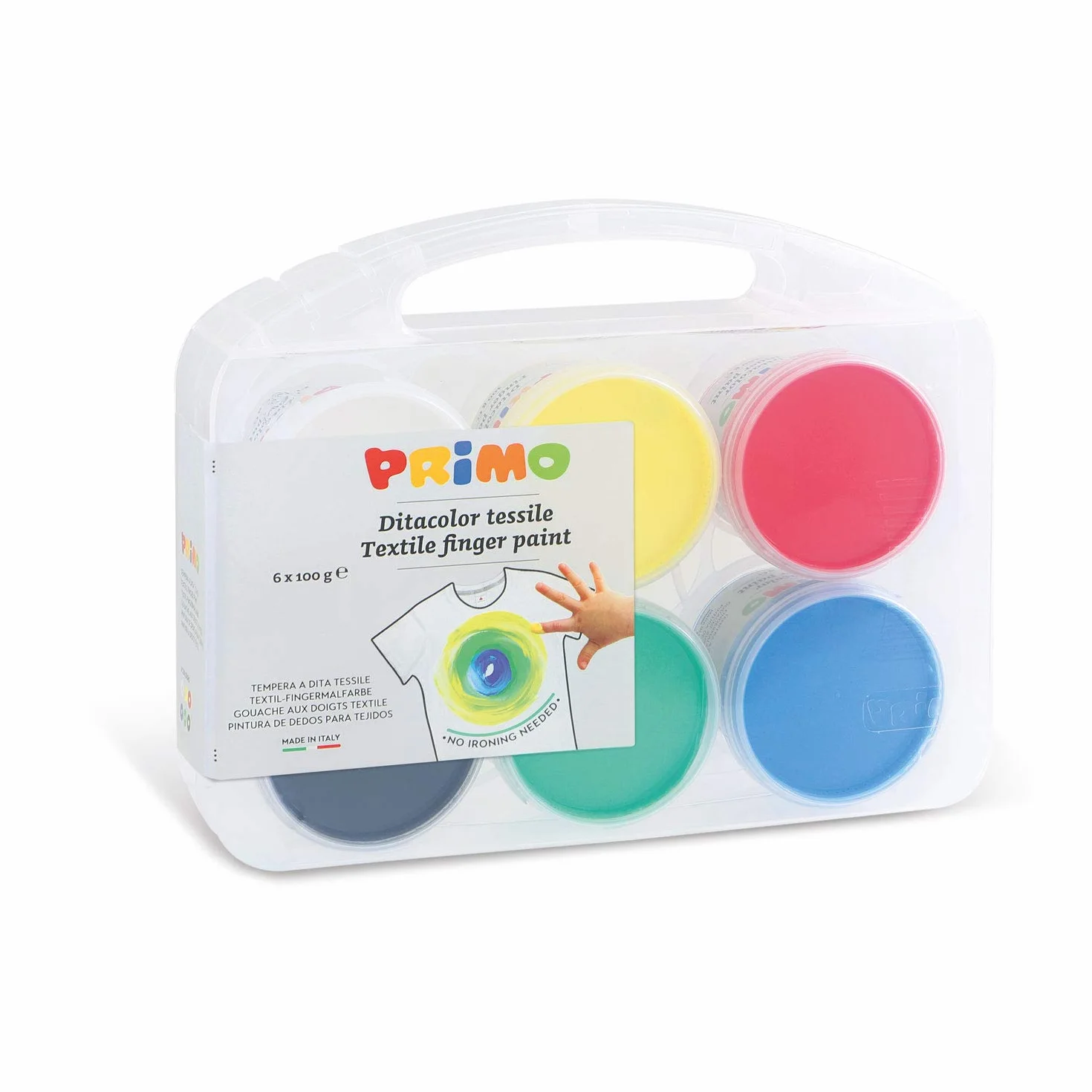 PRIMO Maletín Pinturas 6 Colores para Niños +2 Años, Pintura de Dedos 100g, Pintura Textil Lavable 30°, Dermatológicamente Probada, Made in Italy