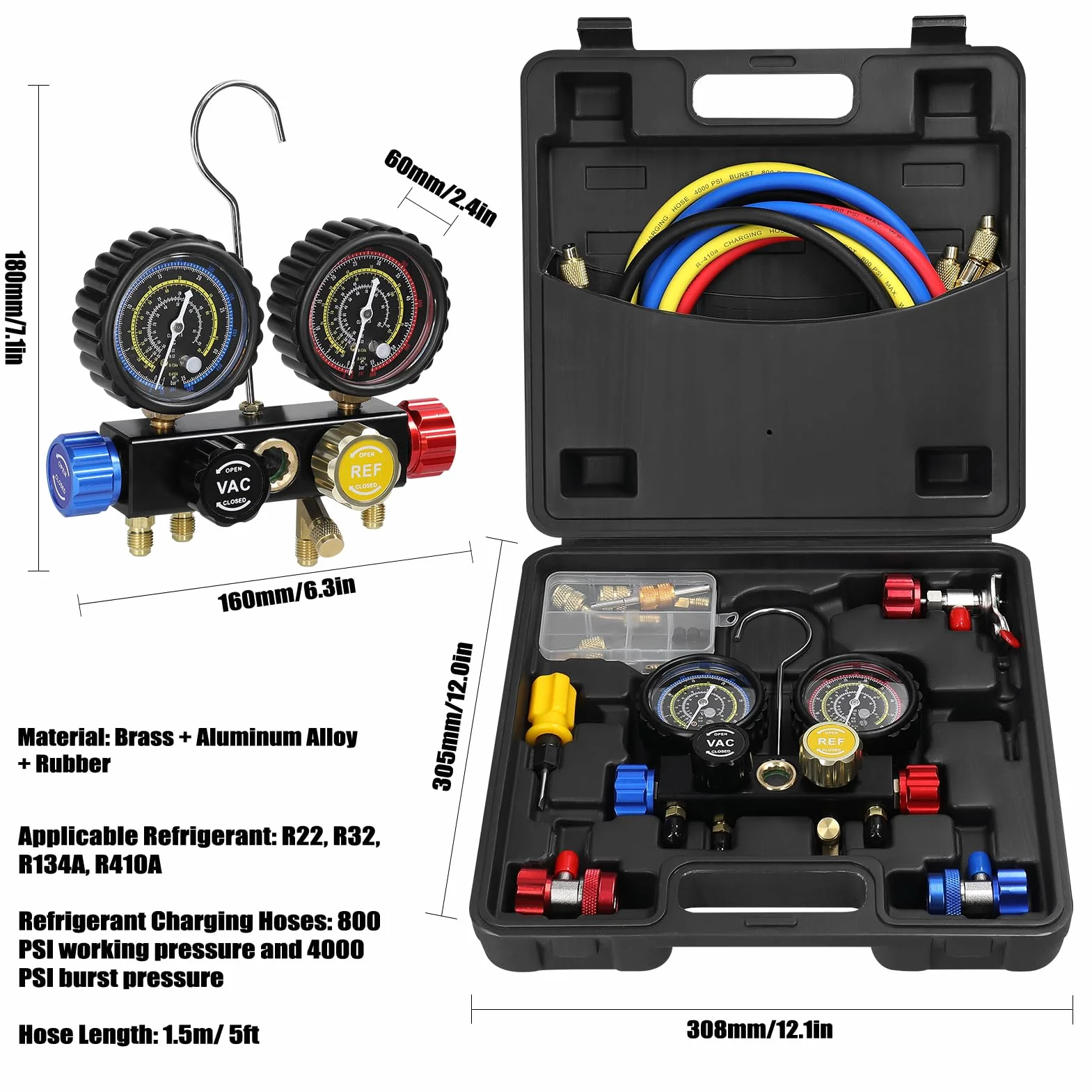 Refrigerante Manifold Gauge Set, Weytoll Juego de Manómetros para Aire Acondicionado, Adaptadores de Acoplamiento Rápido de Latón para Refrigerante R22/R134a/R410a