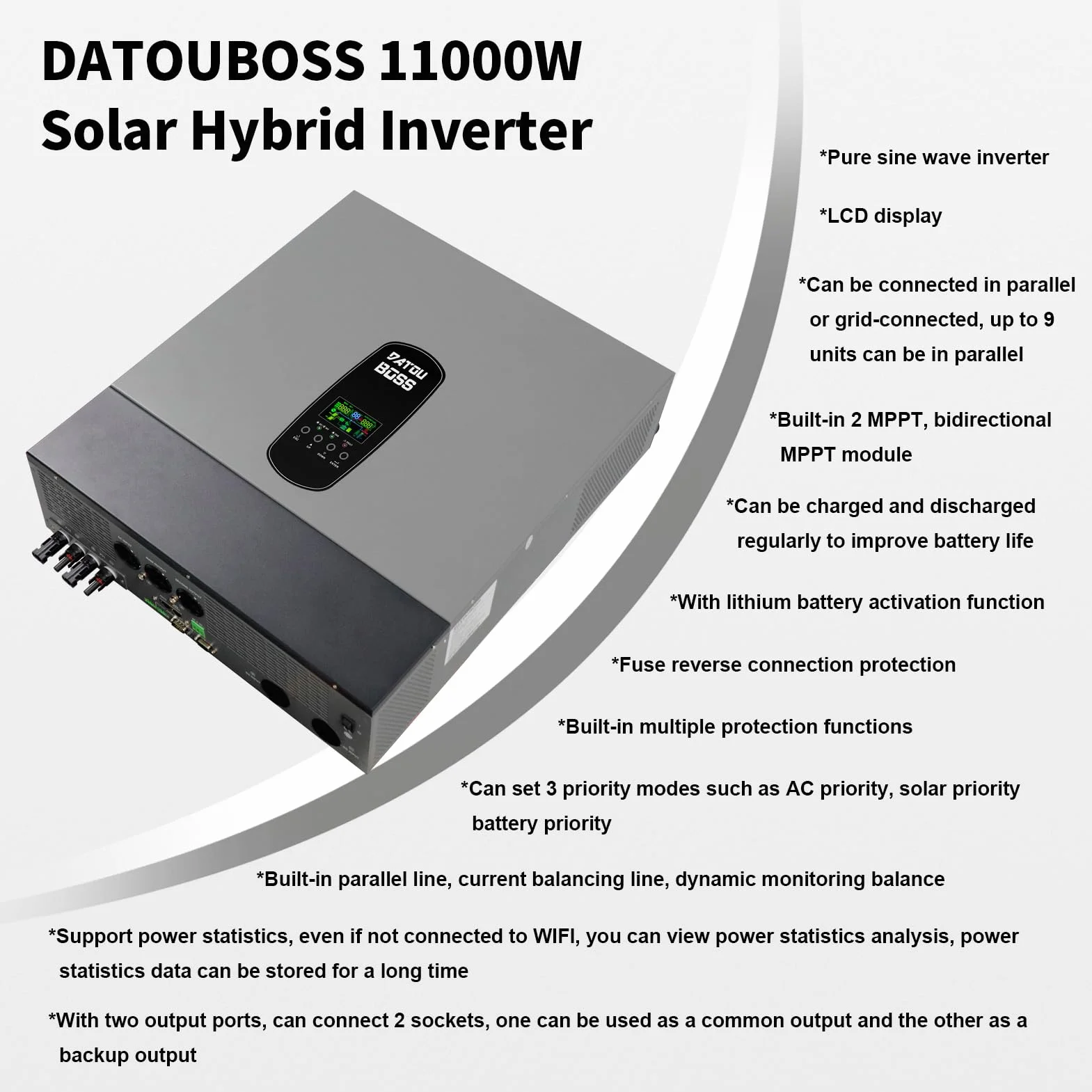 DATOUBOSS 11KW Inversor Híbrido 48V,Inversor Solar Híbrido 48V de Onda Sinusoidal Pura,Admite Funcionamiento en Paralelo y Funcionamiento Sin Batería 150A MPPT,Admite baterías de Plomo-ácido y Litio