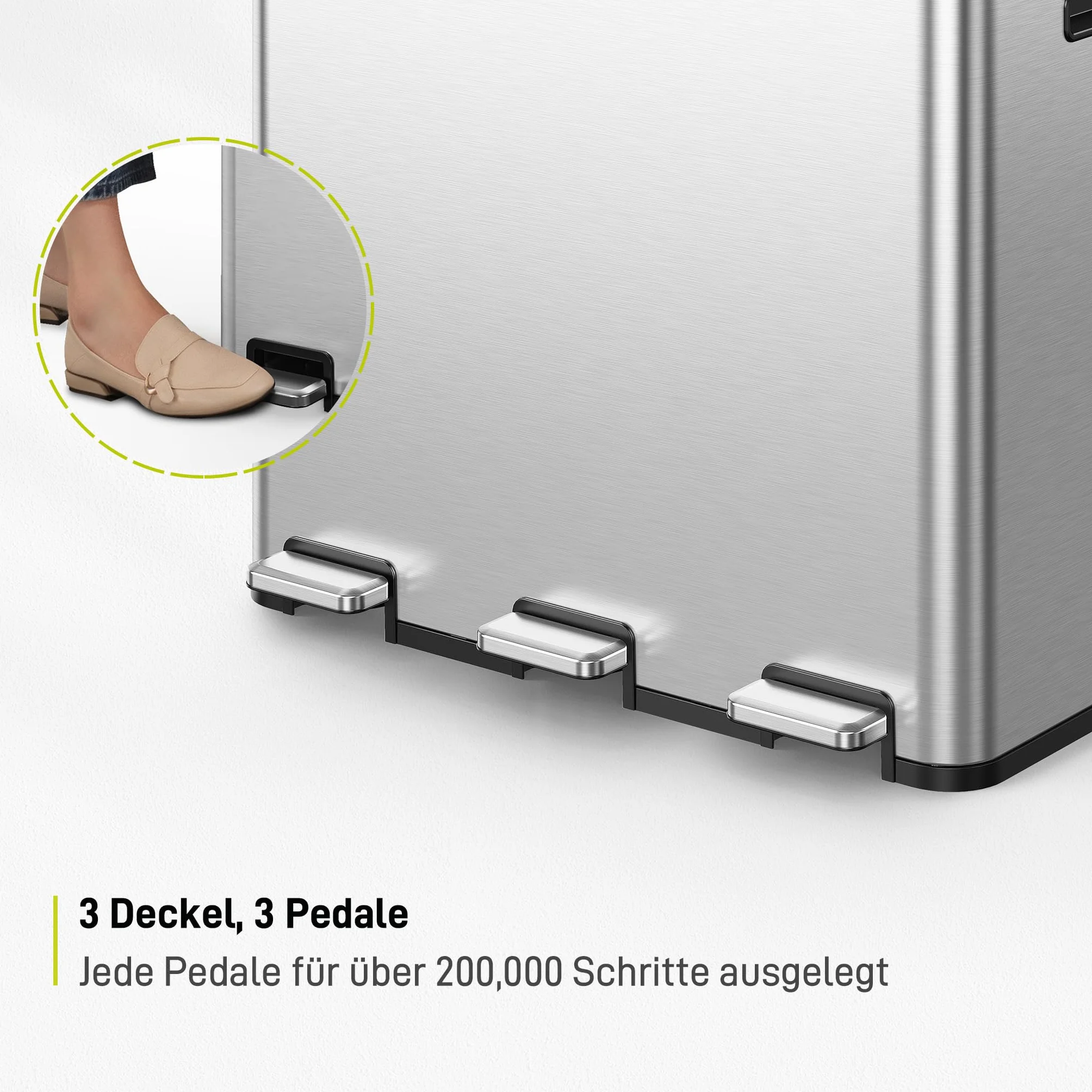 EKO Cubo de basura Essential con 3 compartimentos, 3 x 20 litros, sistema de separación de basura, incluye 20 bolsas de basura, cubo de basura grande con tapa, cierre suave y hermético, acero