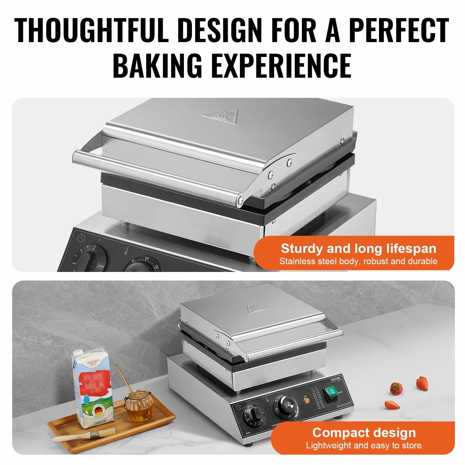 VEVOR Máquina para Hacer Gofres Comerciales, 4 Piezas, Acero Inoxidable Antiadherente de 1750 W con Control de Temperatura y Tiempo, para Restaurantes, Panaderías, Bares y Familias, 300 x 405 x 245 mm