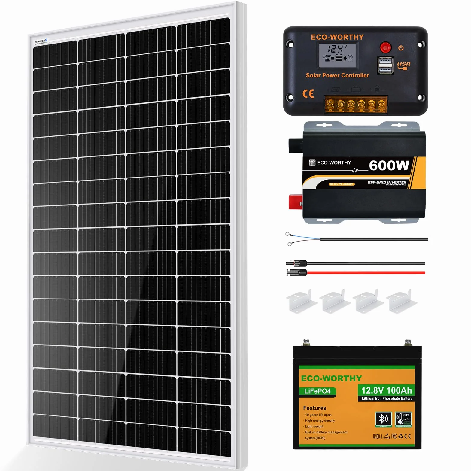 ECO-WORTHY Lifepo4 100AH bluetooth sistema completo fuera de la red con kit 170W: placa solar 170W, bateria lifepo4 100AH bluetooth, PWM 30A, inversor onda pura 600W para autocaravanas, barcos