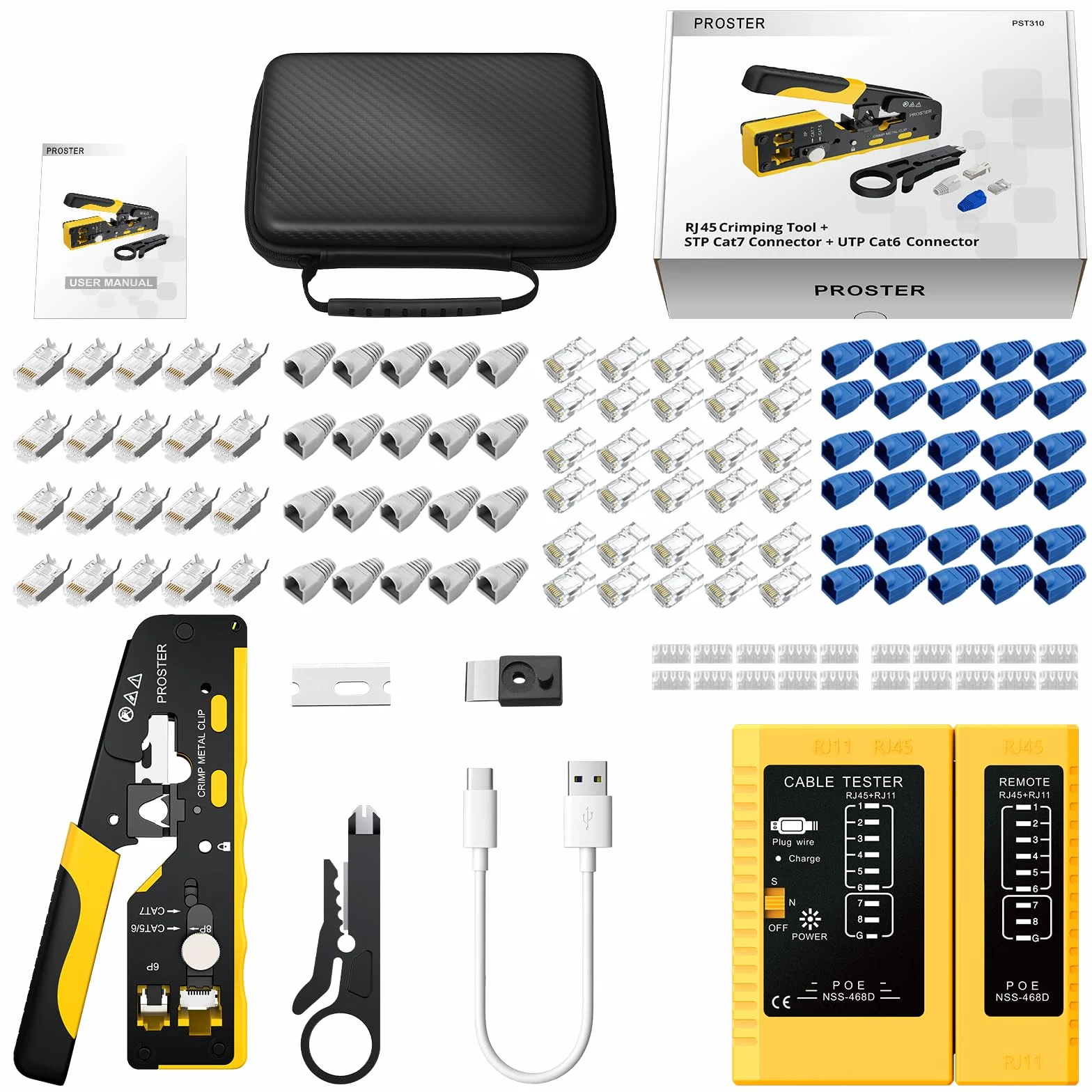 Proster Juego de Crimpadora CAT7 Profesional con Conectores Blindados y Probador Recargable