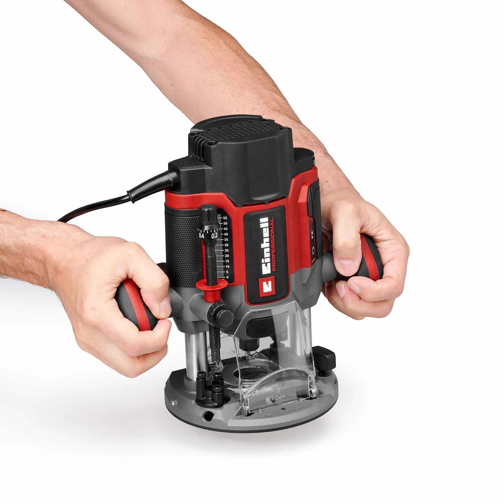 Einhell Professional fresadora superior TP-RO 1400 E (1400 W, altura de elevación 55 mm, pinzas de sujeción Ø 6 y 8 mm, luz LED, incl. tope paralelo, punta de compás, manguito de copia y herramienta)