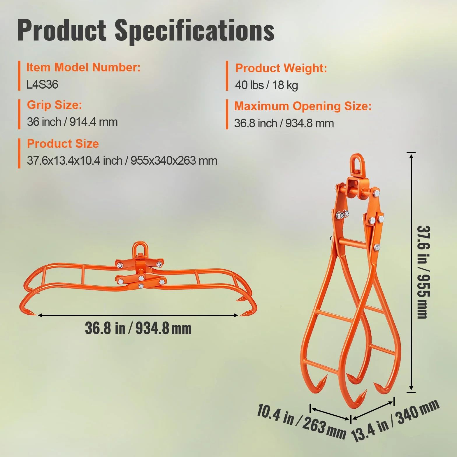 VEVOR Abrazadera Forestal para Troncos 914,4 mm Abrazadera de Elevación para Troncos de Madera Ganchos 4 Garras Giratorias Carga de 1500 kg Abrazadera de Acero para Tractores ATV Camiones Carretillas