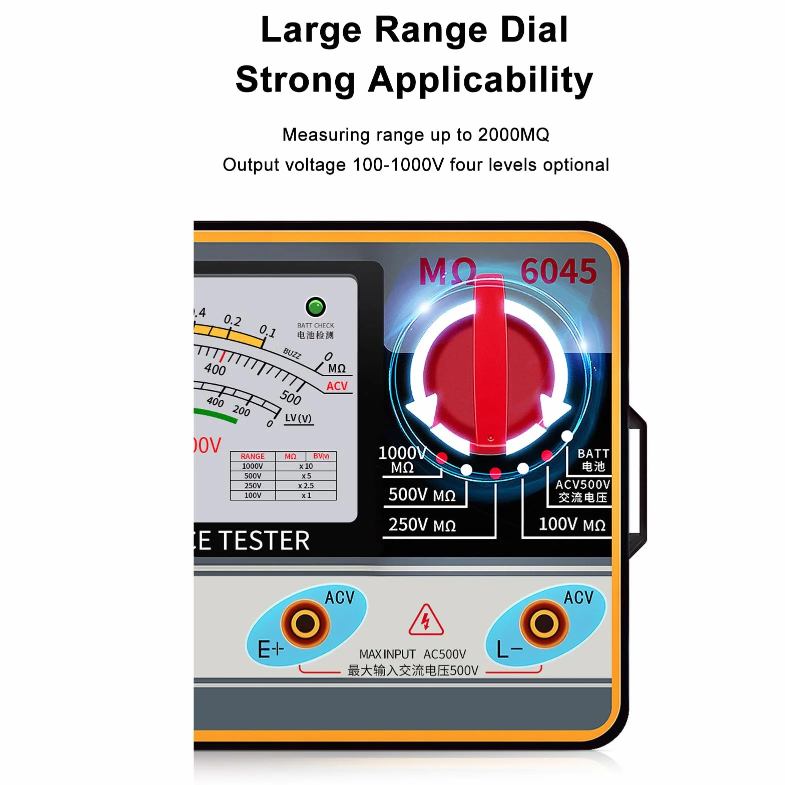 Comprobador de Resistencia de Aislamiento TY6045 con Pantalla de Esfera Transparente Soporte de Autobloqueo Medidor de Megaohmios para Electricistas 5MΩ-2000MΩ