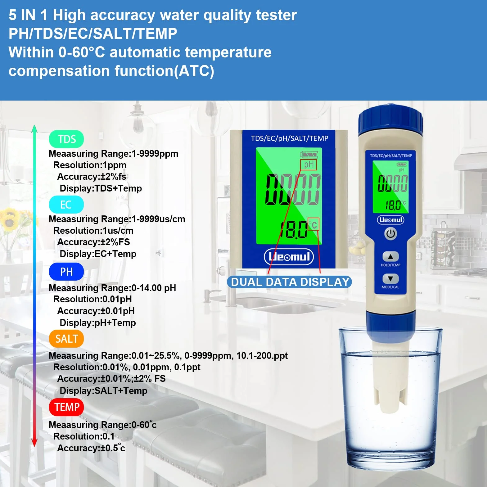Medidor pH digital 5 en 1 TDS EC Salinidad Temperatura IP67 impermeable