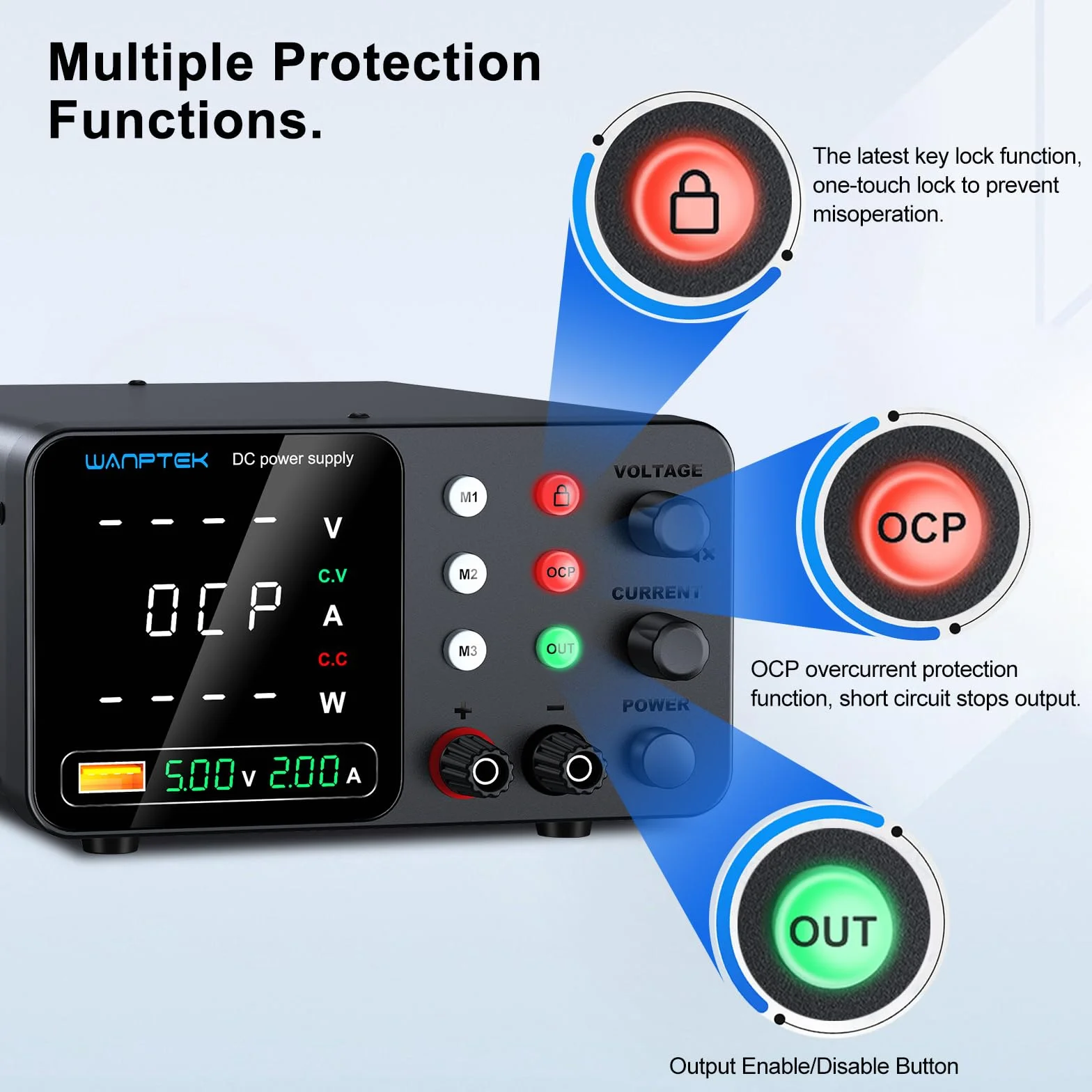 Fuente Alimentacion Regulable, Fuente Laboratorio 30V 10A Ajustable con 3 Memorias y Llave de Bloqueo, Protección OCP/Salidas/Carga Rápida USB con Pantalla