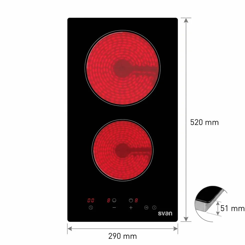Svan Placa Vitrocerámica Cristal negro SV2302 2 Zonas 3000 W 9 Niveles Control táctil