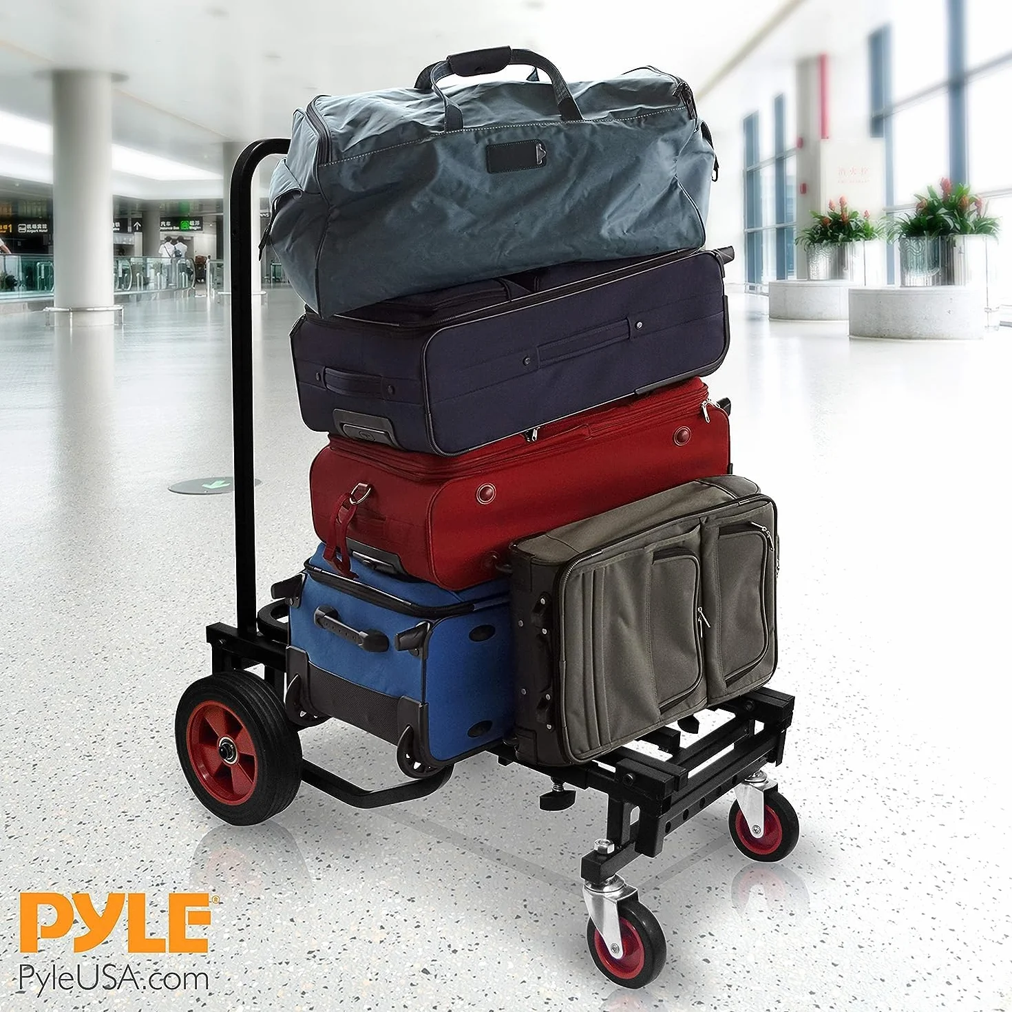 Pyle Carretilla Plegable, Carro de Transporte Compacto con Ruedas, Convertible, 8 en 1, Resistente, De Mano, Auxiliar de Carga con Plataforma, Expandible de 60 hasta 102 cms