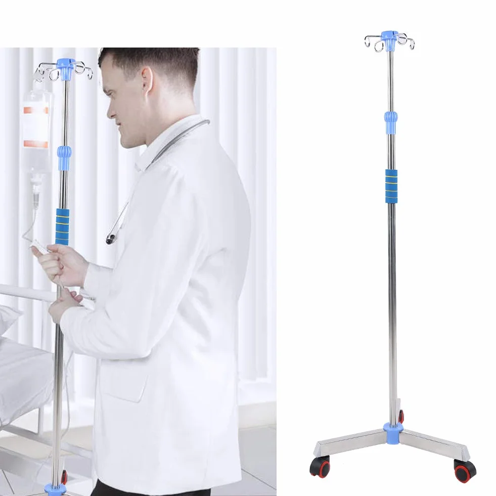 Soporte para suero intravenoso con ruedas, soporte de acero inoxidable Soporte para infusión portátil Soporte para bolsa intravenosa con 4 ganchos para el hospital y el hogar, altura ajustable
