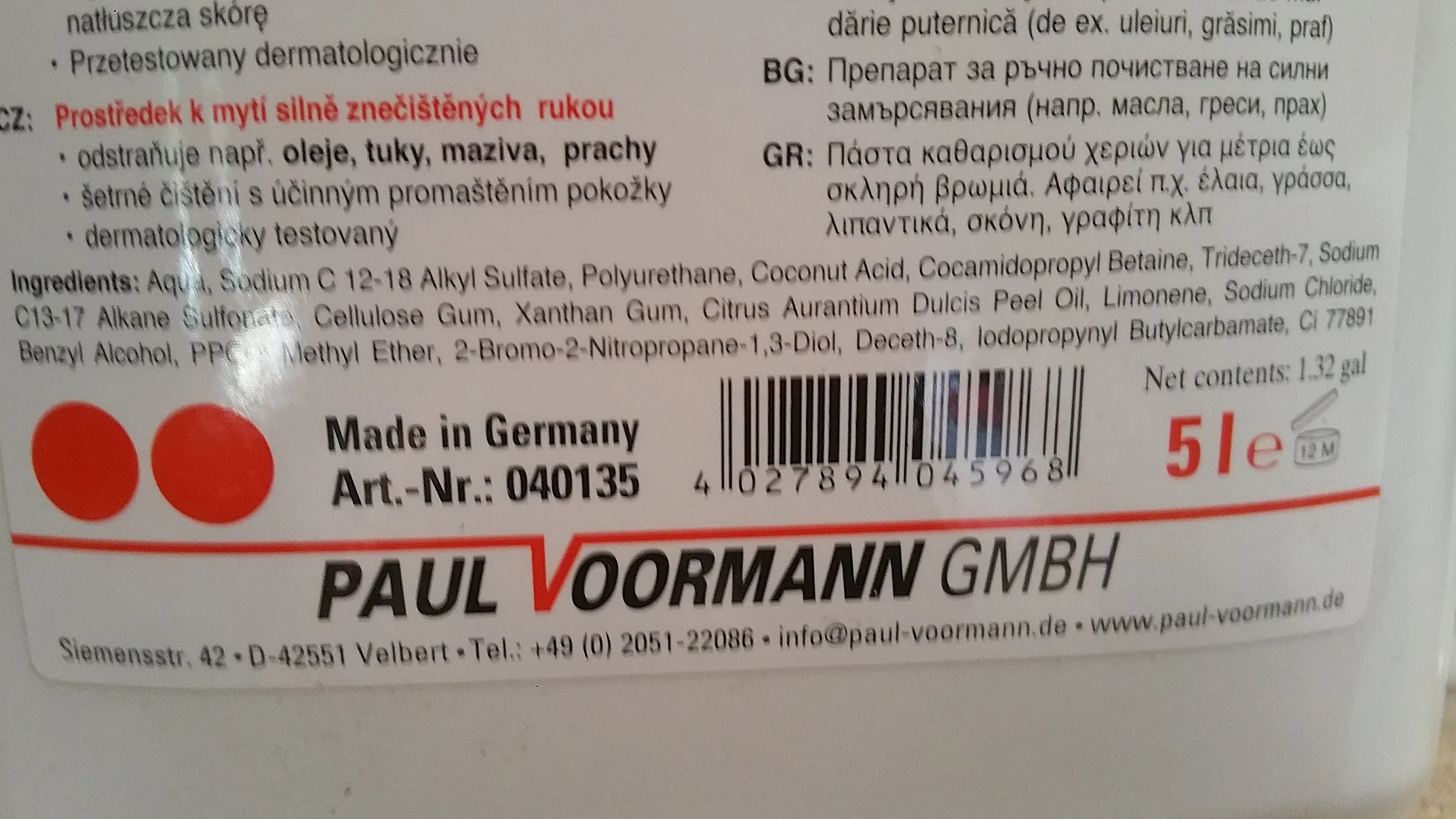 PASTA LAVAMANOS GRANULADA ALEMANA PEVASTAR PAUL VOORMANN GMBH