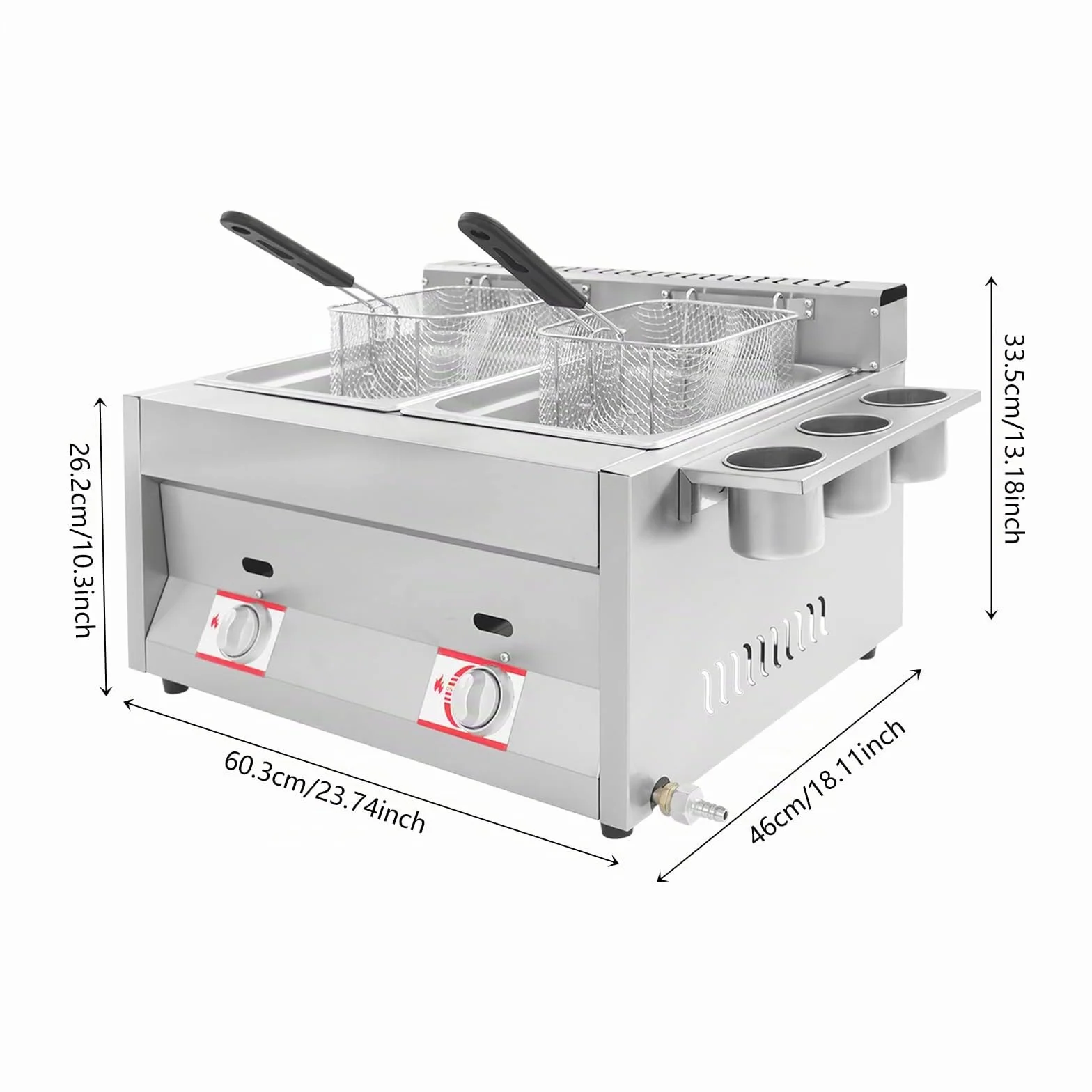 Freidora de gas doble con 2 cestas, freidora de propano de acero inoxidable, rango de temperatura 50-380 °C, freidora de gas con 3 contenedores para especias para familias, restaurantes, bocadillos