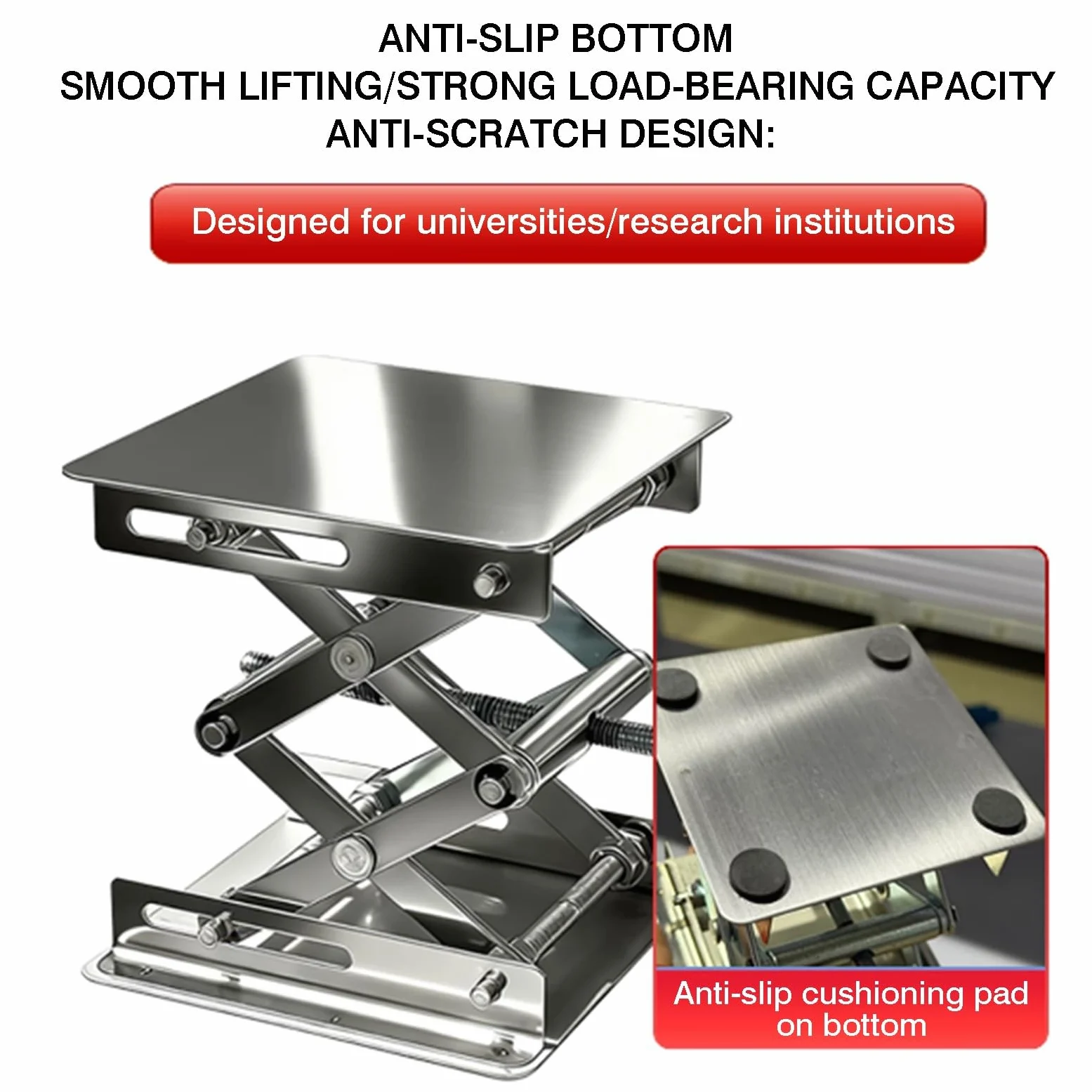 Soporte De Gato Laboratorio Acero Inoxidable, Plataforma Elevación Nivel | Con tapete antideslizante y manija giratoria, rango de elevación vertical 50-460 mm, capacidad de carga 5-25 kg(150x150mm)