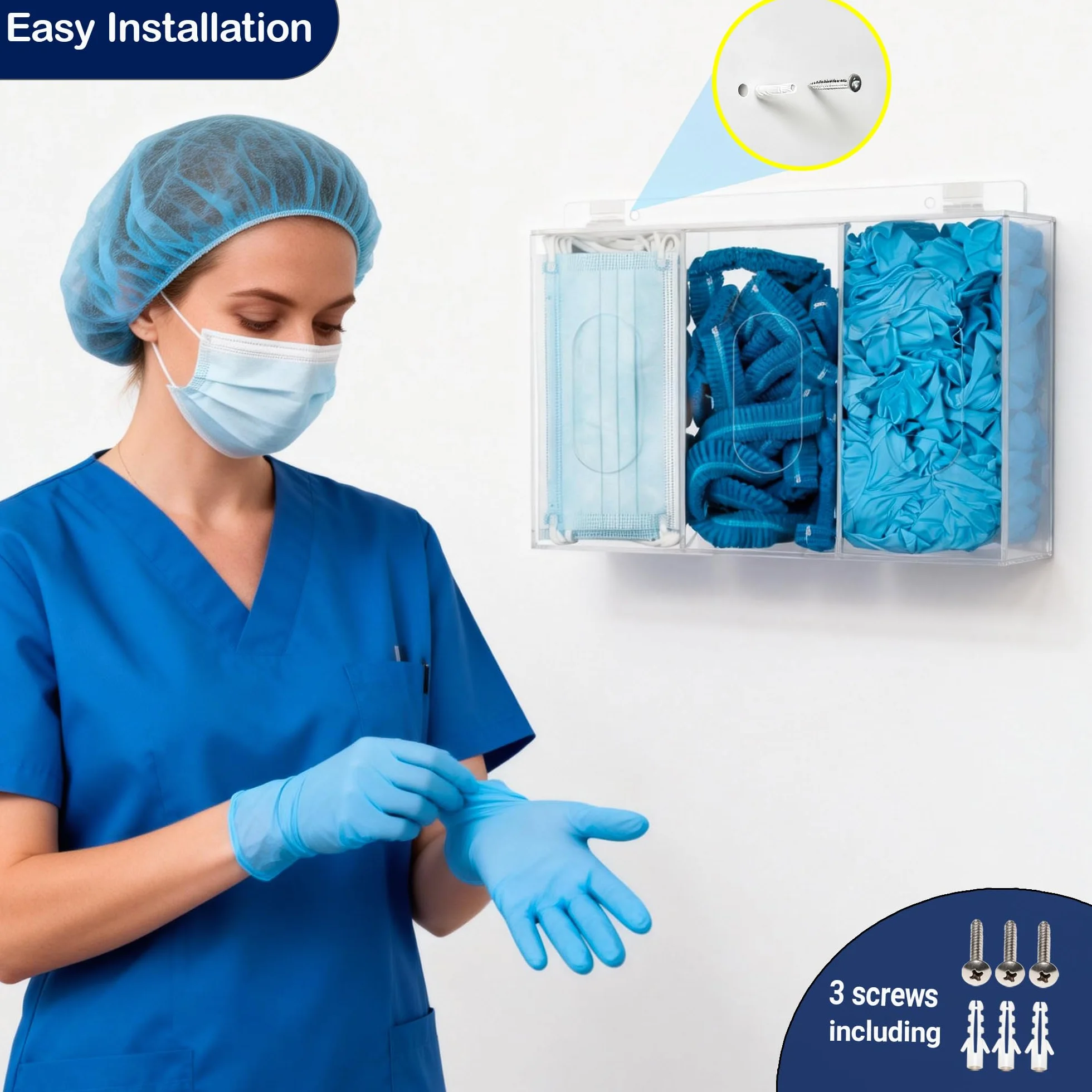 KOEMEHR 3 en 1 Dispensador de red para cabello y cubrezapatos, dispensador de mascarillas y guantes, soporte de pared acrílico