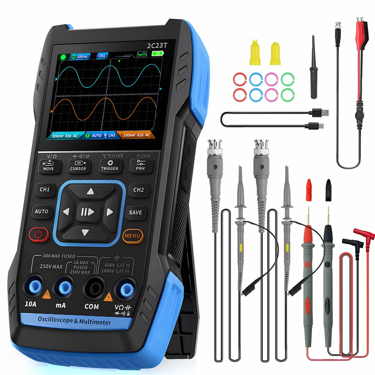 Osciloscopio Multímetro 2 Canales, WapoRich 3 en 1 Profesional Osciloscopio Portátil con 10MHz, 50 MSa/s, TRMS 9999 Cuentas, 7 Formas de Onda para Laboratorio, Automocion