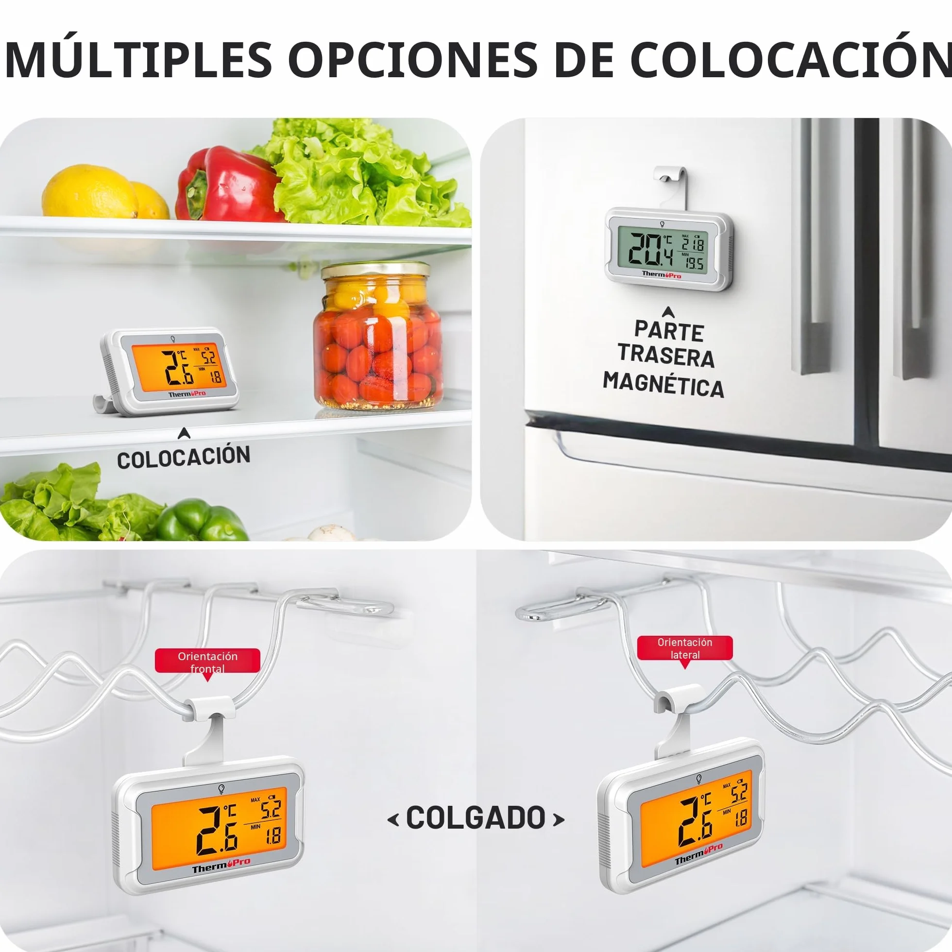 ThermoPro TP110 Termómetro Frigorífico Digital, Nevera y Congelador con Pantalla LCD, Registro MAX/MIN 24h, IPX6 Impermeable