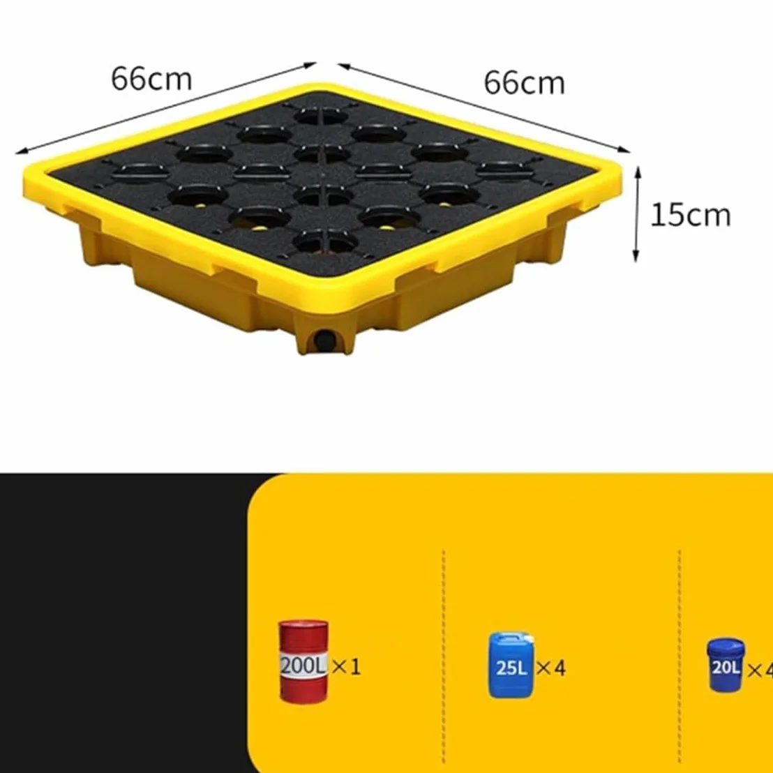 Plataforma antiderrames, plataforma de contención de derrames con salida de drenaje, tarimas antiderrames modulares apilables, bandeja modular para cubos de pintura apilables,66x66x15cm