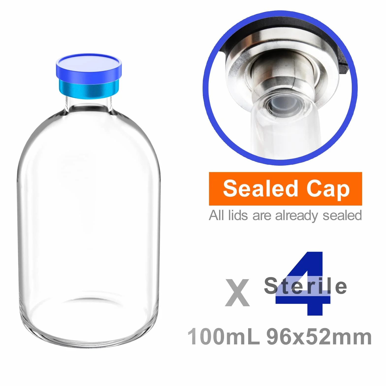Viales estériles vacíos 100 ml con puerto de inyección autorreparable y tapa de aluminio, 4 piezas
