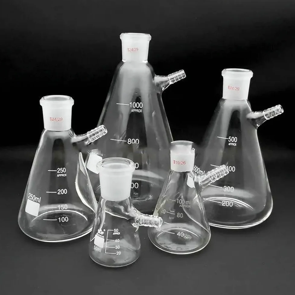 Cristalería de Laboratorio Matraz cónico de vidrio con succión, de boca esmerilada, de 250 ml a 2000 ml, 1 unidad.(2000ml caliber 24mm)