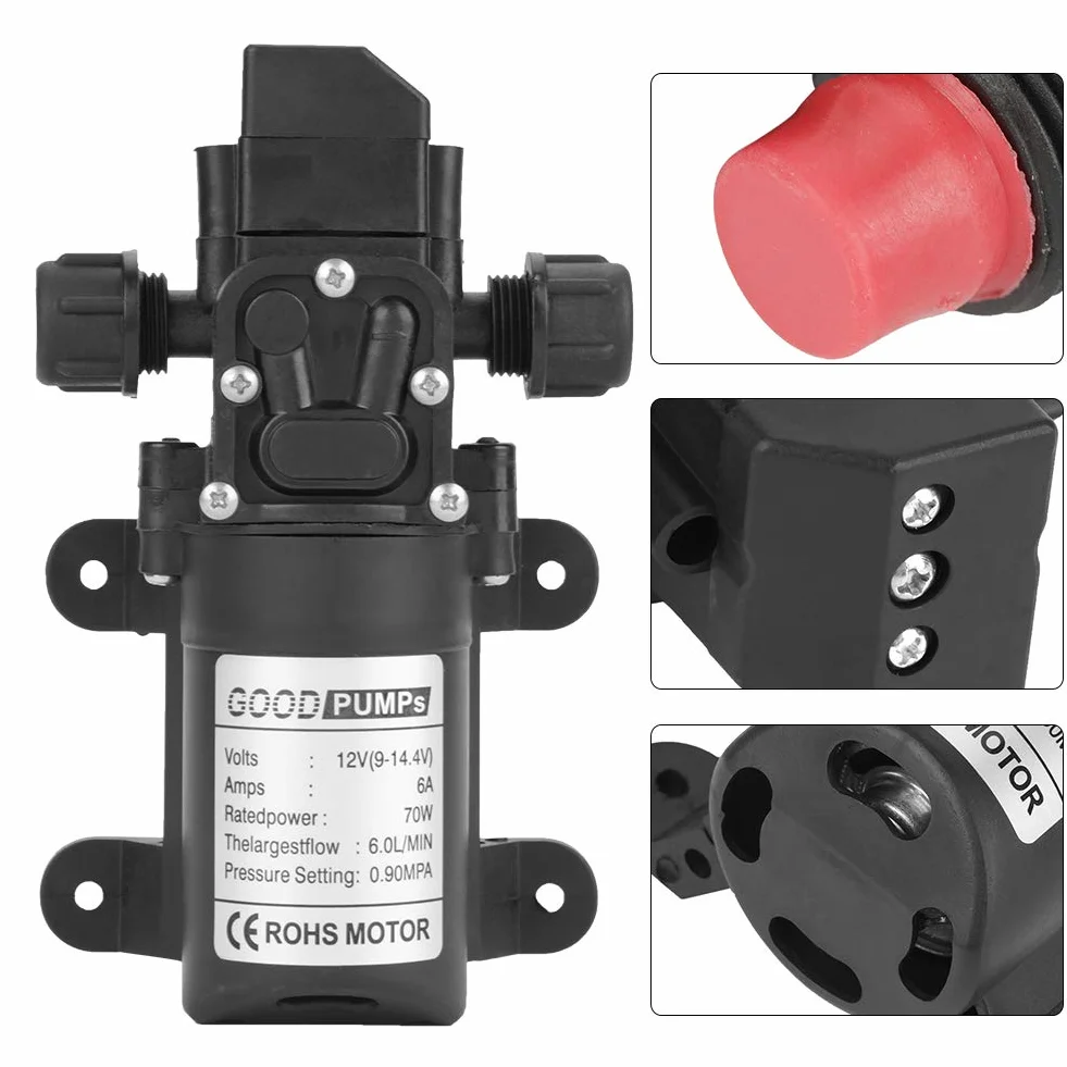 Bomba de Agua 12 V, Autocebante de Alta Presión Bomba de Diafragma de Agua, 0,9 Mpa 6 l/min DC 12V 6A 70W, para Caravana Camping Barco Irrigación Riego