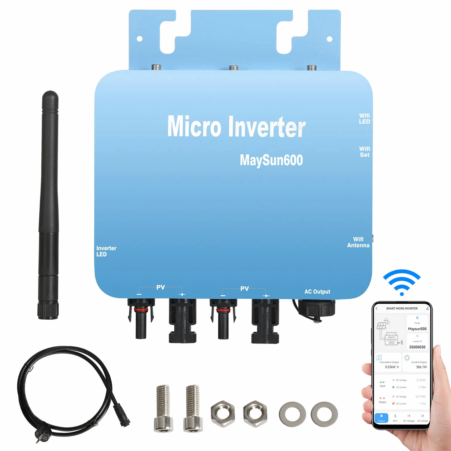 DEWIN Micro Inversor, Microinversor Solar MPPT Grid Tie Inverter 600W DC20V-60V Salida de onda sinusoidal pura con función WiFi Enchufe UE 230V
