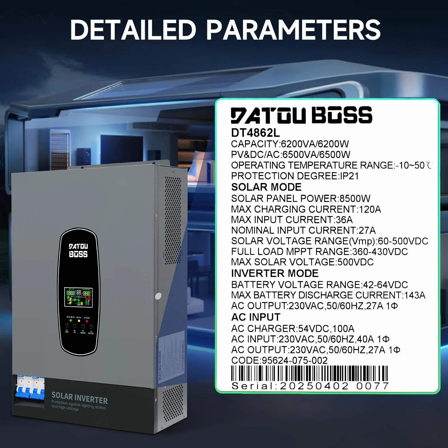 DATOUBOSS Inversor de corriente solar híbrido de 6200 W, 48 V CC a 230 V CA, inversor de onda sinusoica pura con MPPT de 120 A, entrada fotovoltaica de 8500 W, compatible con baterías de litio de 48 V