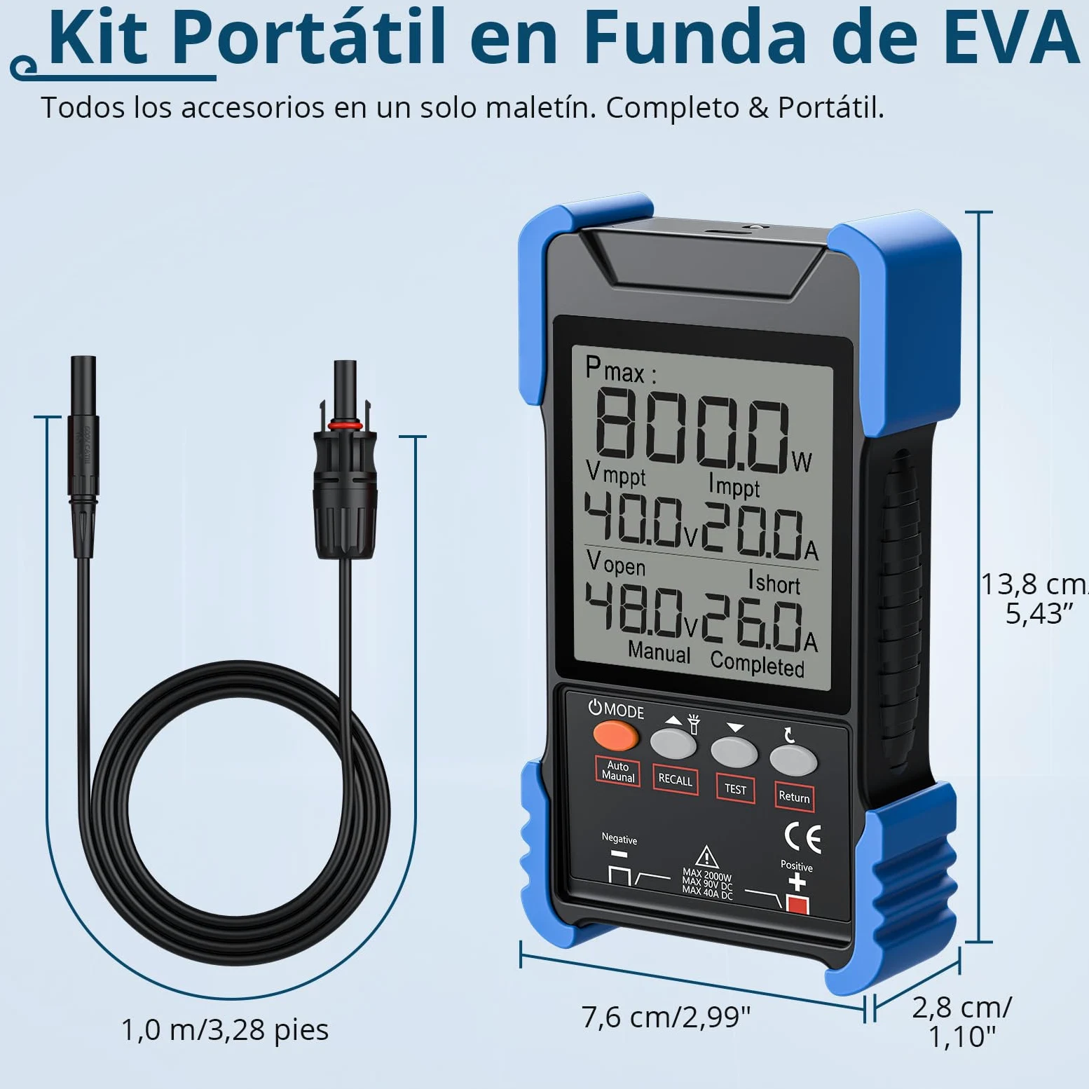 Probador de Panel Solar de 2000 W con MPPT, Medición Pmax/Voc/Isc | Multímetro Fotovoltaico Digital Recargable con Pantalla LCD, Medidor Solar para Pruebas y Mantenimiento de Paneles Solares