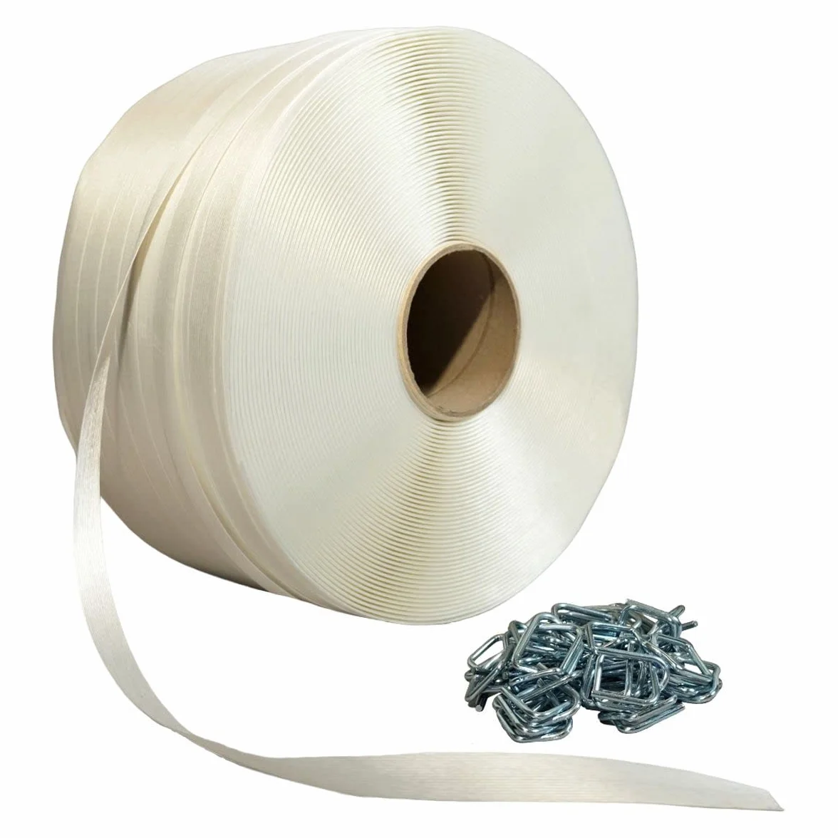 Pack 1 Fleje hilo a hilo 16 mm x 850 m + 250 hebillas - Fleje textil de alta resistencia 450kg - TECPLAST PFF1