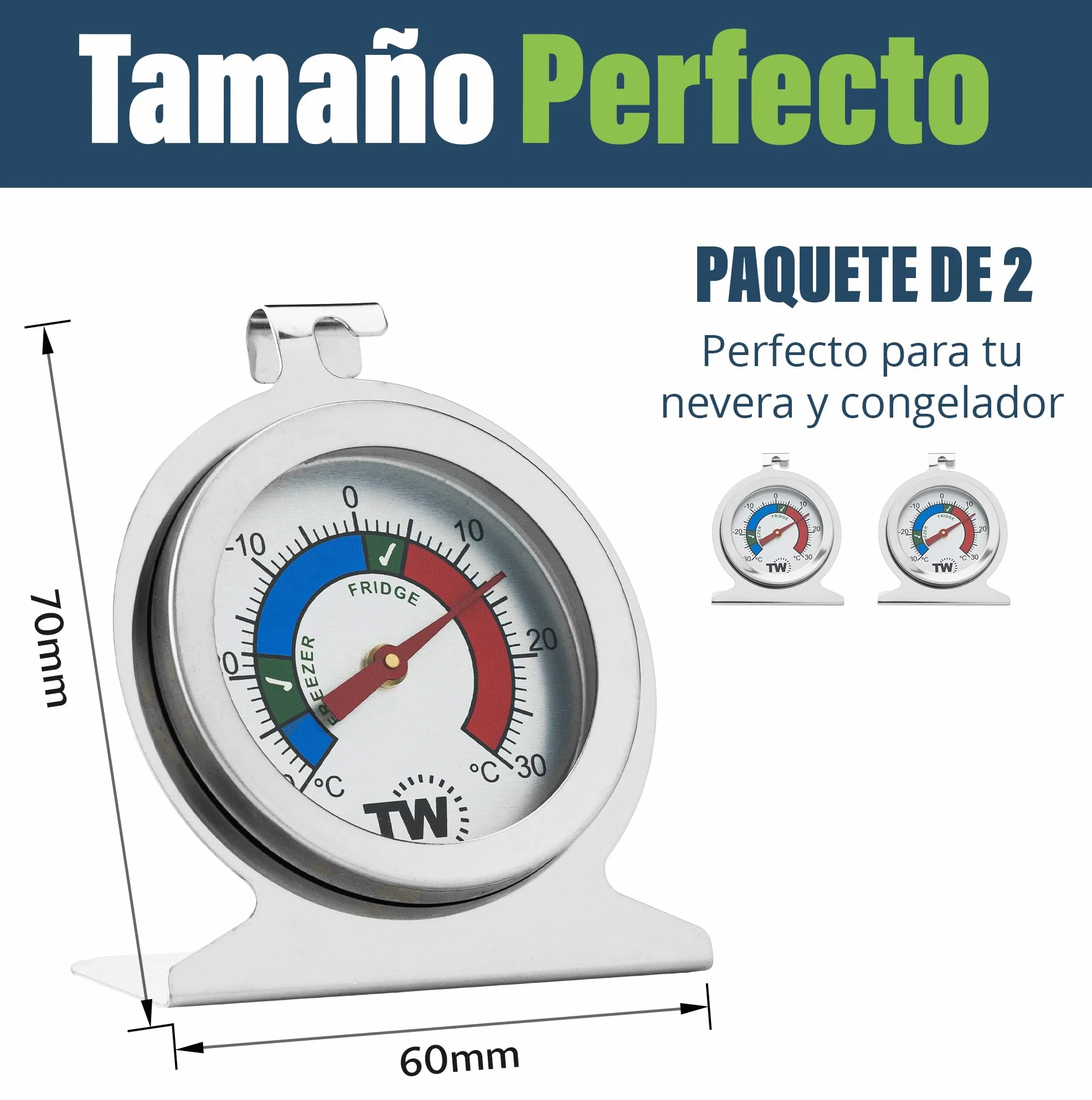 Termómetro para frigorífico y congelador, paquete doble, acero inoxidable