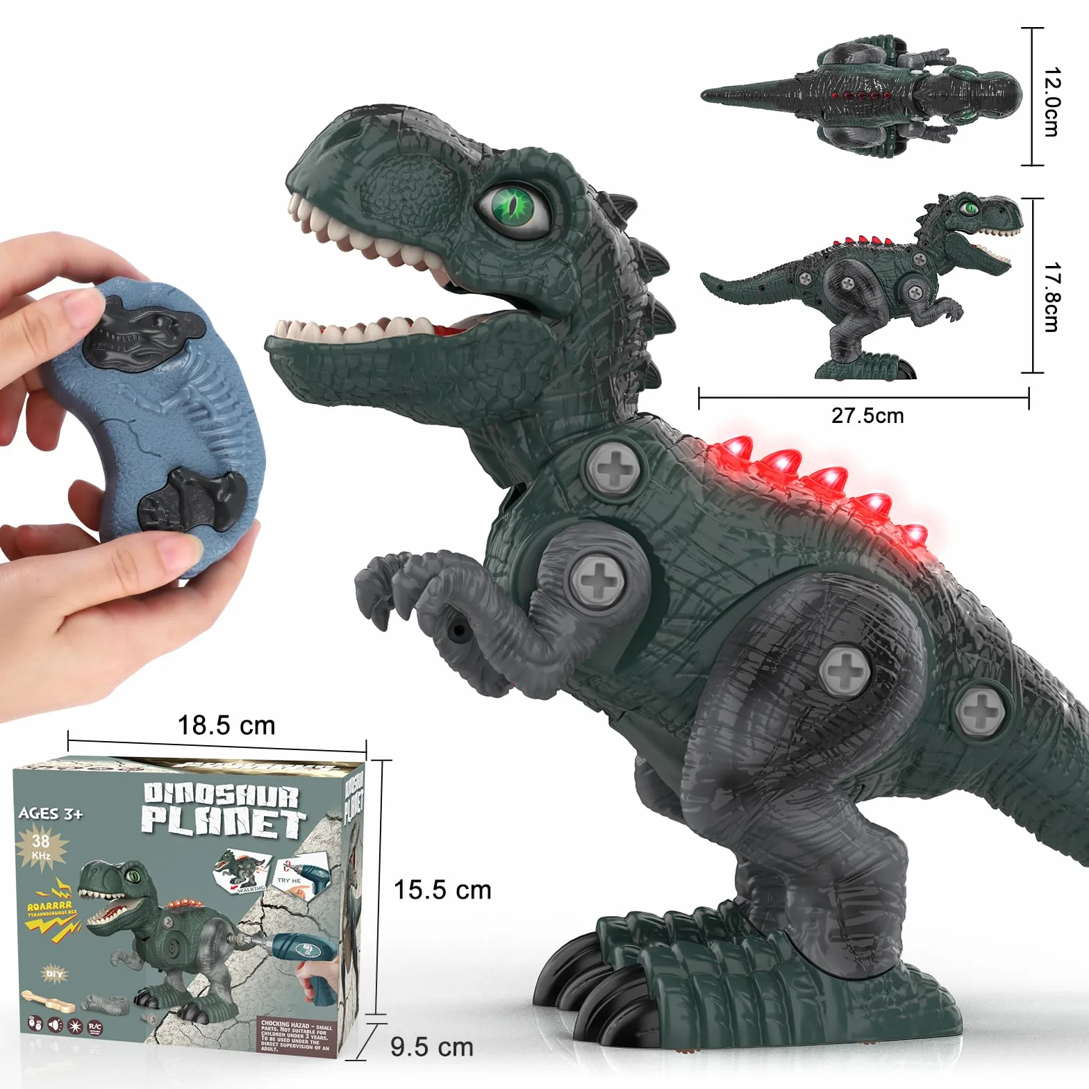 Buoeuik Dinosaurio Control remoto Taladro eléctrico DIY Construcción RC Dino Robot con sonido y luz Juguete educativo 3-8 años