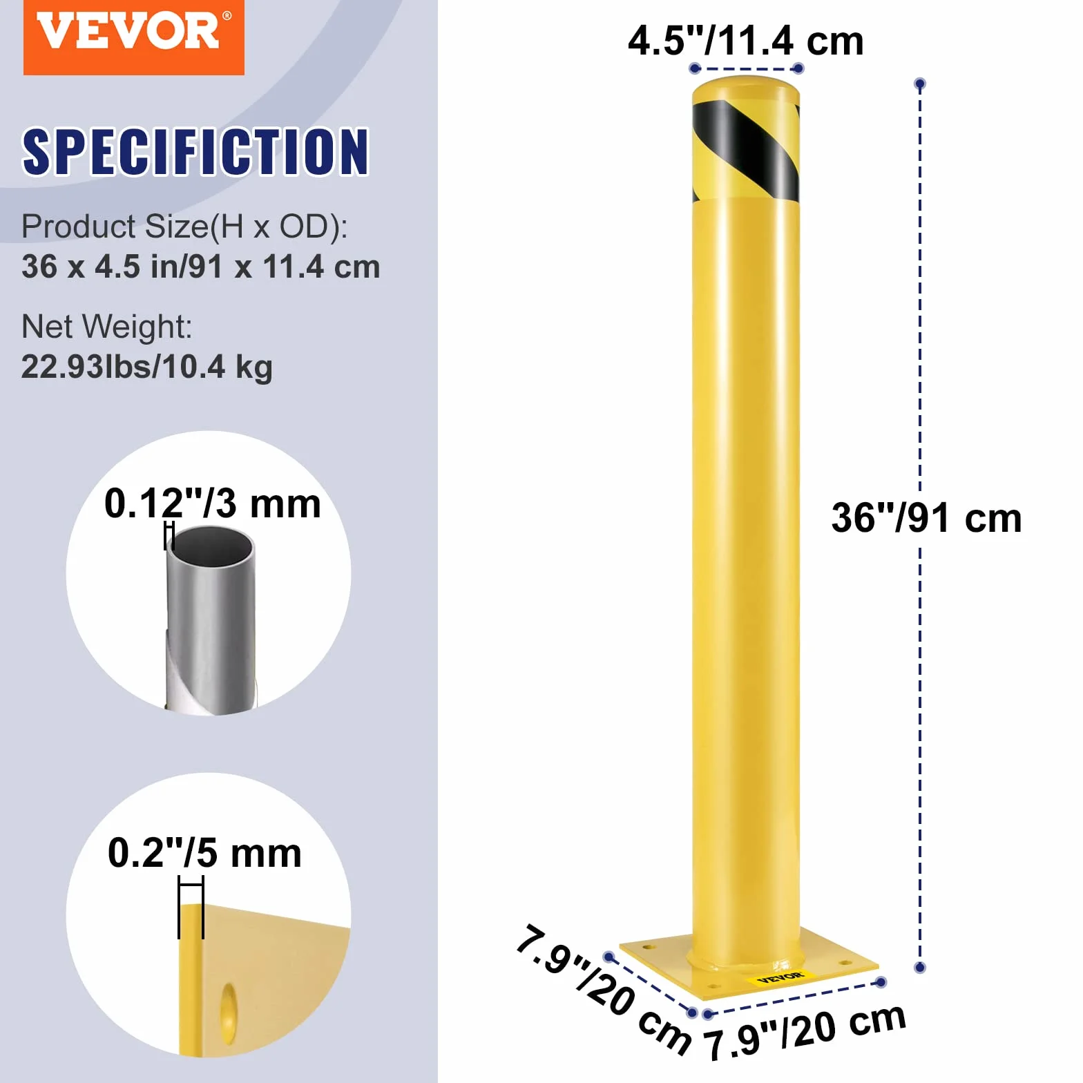VEVOR Bolardo de Seguridad Metal 36x4.5 2 Piezas Barrera de Seguridad Tubo Acero Recubrimiento Polvo Amarillo 8 Pernos Anclaje