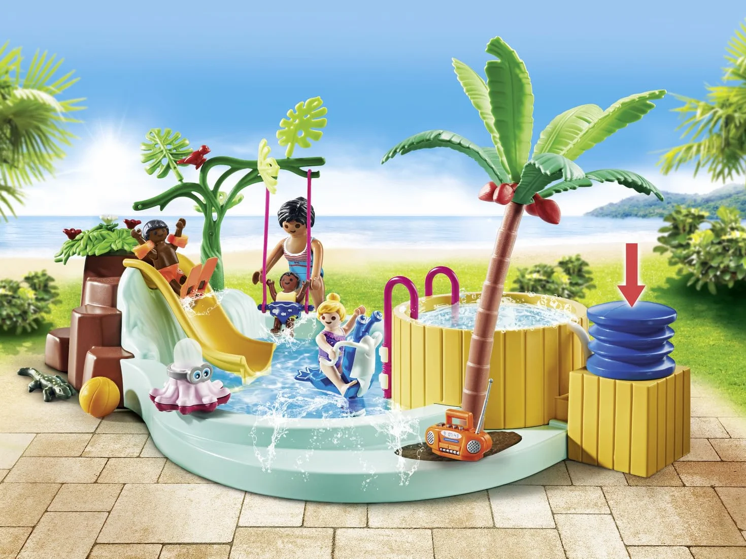 PLAYMOBIL myLife Promo Pack 71529 Piscina Infantil con Jacuzzi, Tobogán de Olas, Balancín y Columpio, Juguetes para niños a Partir de 4 años