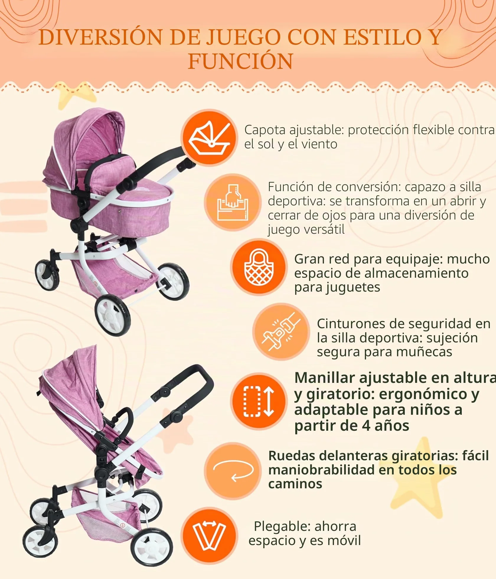 Bayer Chic 2000 Cochecito para muñecas Mika 2 en 1 Rosa Vaquero Plegable Mango Ajustable 47-80 cm