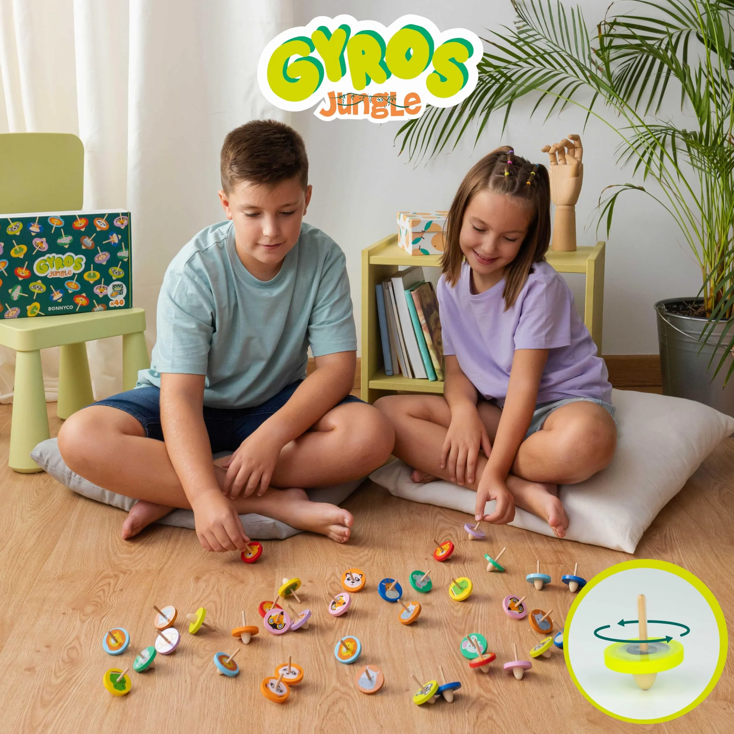 BONNYCO Peonza Madera Animales Jungla, Pack 40 Regalos Cumpleaños Niños