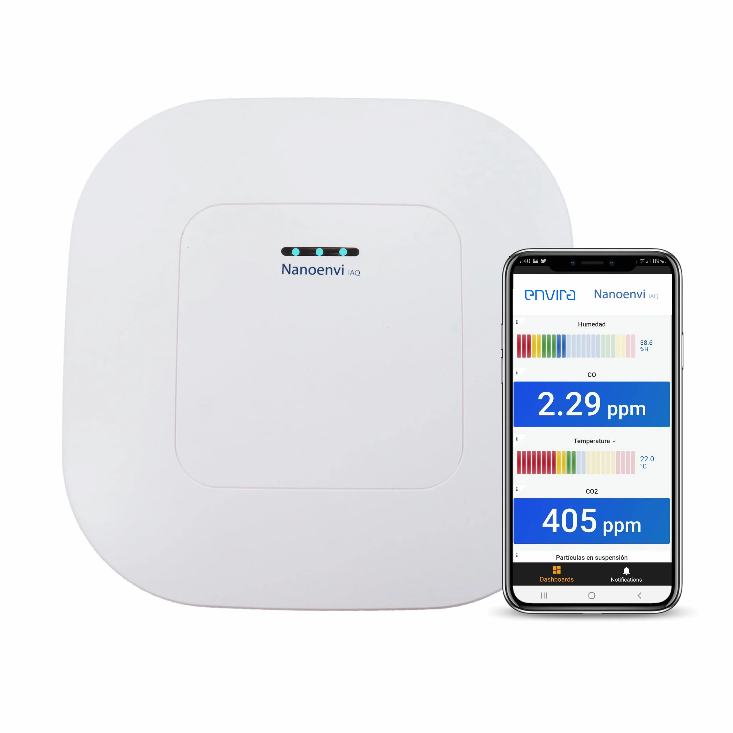 Medidor de Calidad del Aire con Certificado Reset Nanoenvi IAQ para Interior: Hogar, Colegios, Oficinas, Edificios y Transporte. Temperatura, Humedad, CO2, Volátiles, Partículas y CO. App Gratuita.