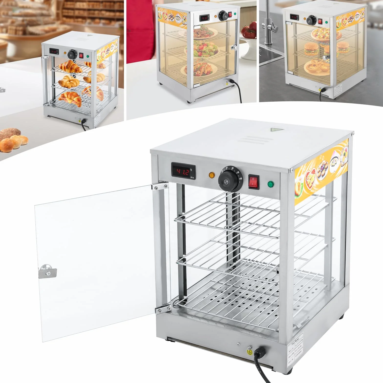 Calentador de alimentos eléctrico comercial 3 pisos 800W 30-85°C vitrina de calor
