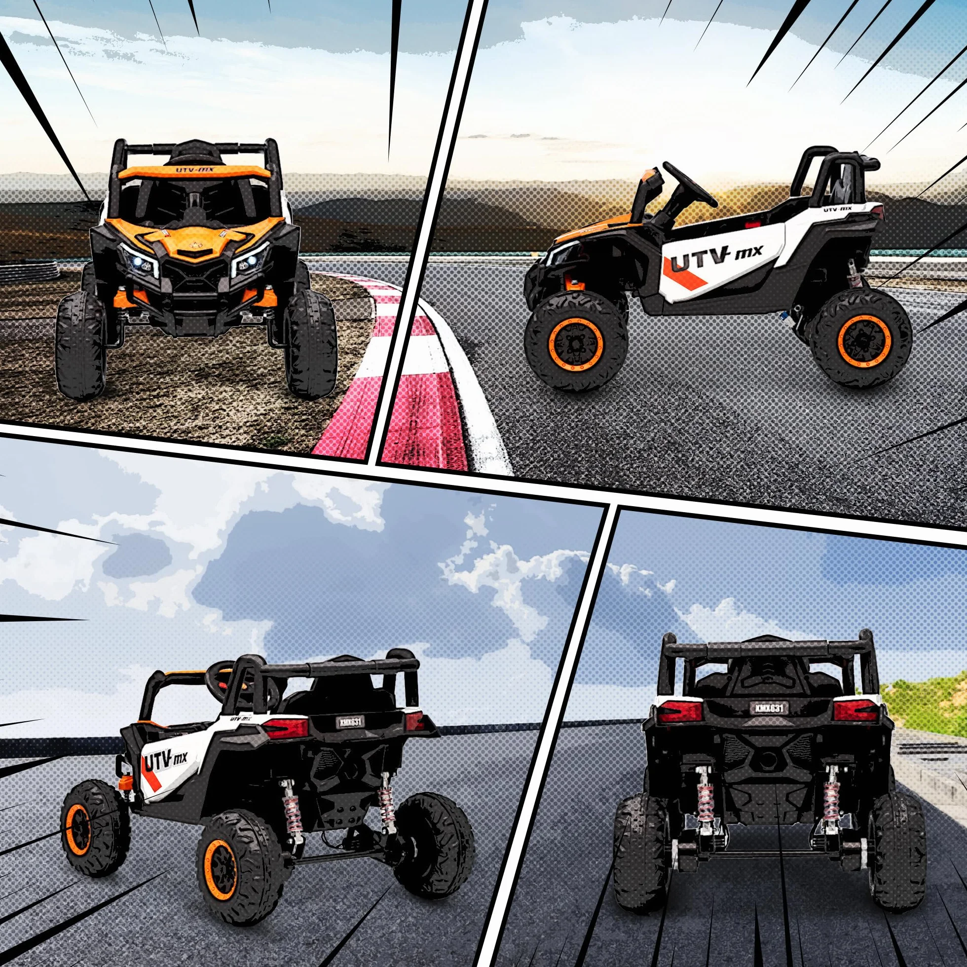 AIYAPLAY Coche Eléctrico 12V UTV 2 Motores Control Remoto 2,4G Velocidad 7 km/h Suspensión Faros USB para Niños +3 Años Naranja