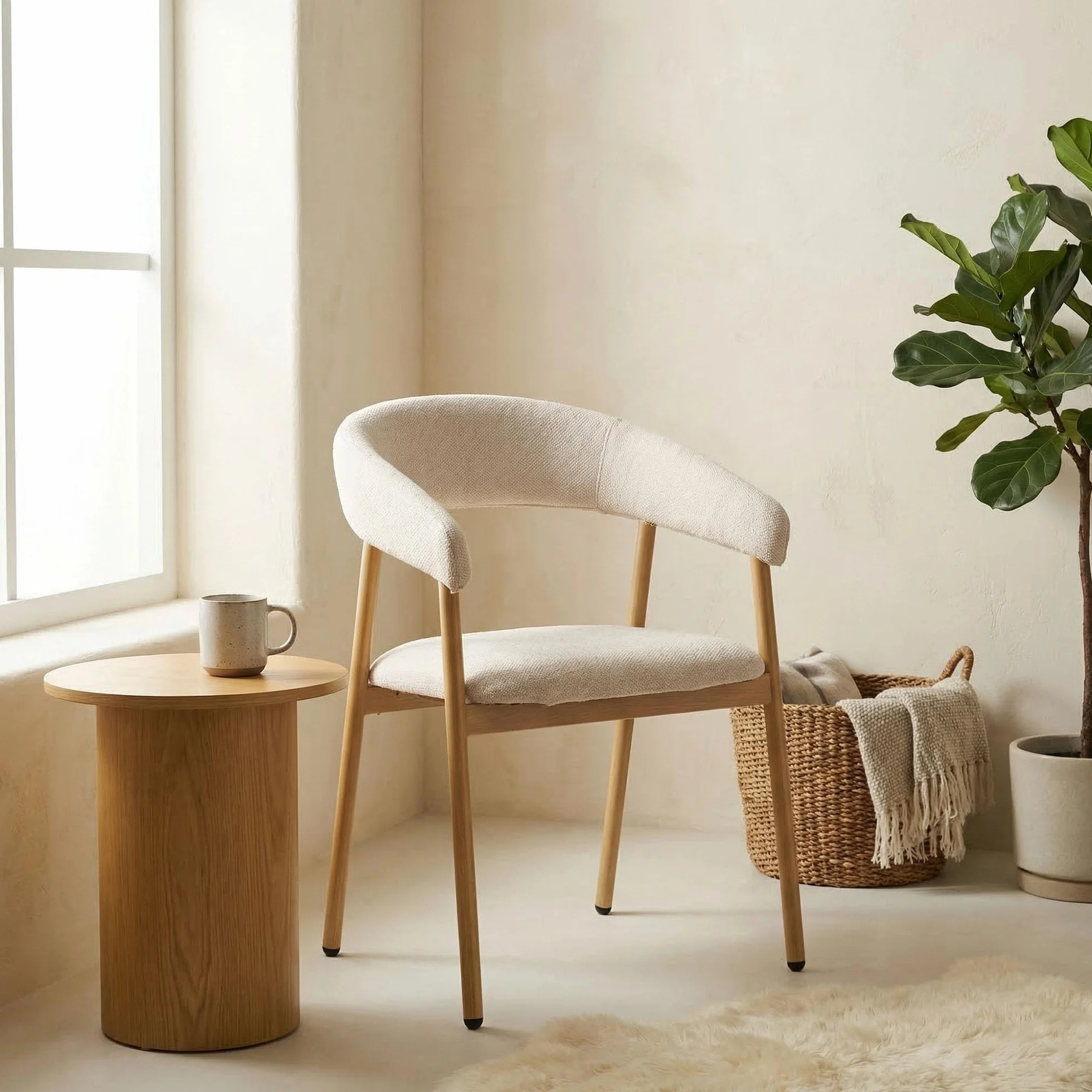 Juego de 4 sillas de Comedor Modernas ergonómicas de felpilla tapizadas con reposabrazos y Respaldo Curvado, Patas de Metal con Grano de Madera, Color Beige