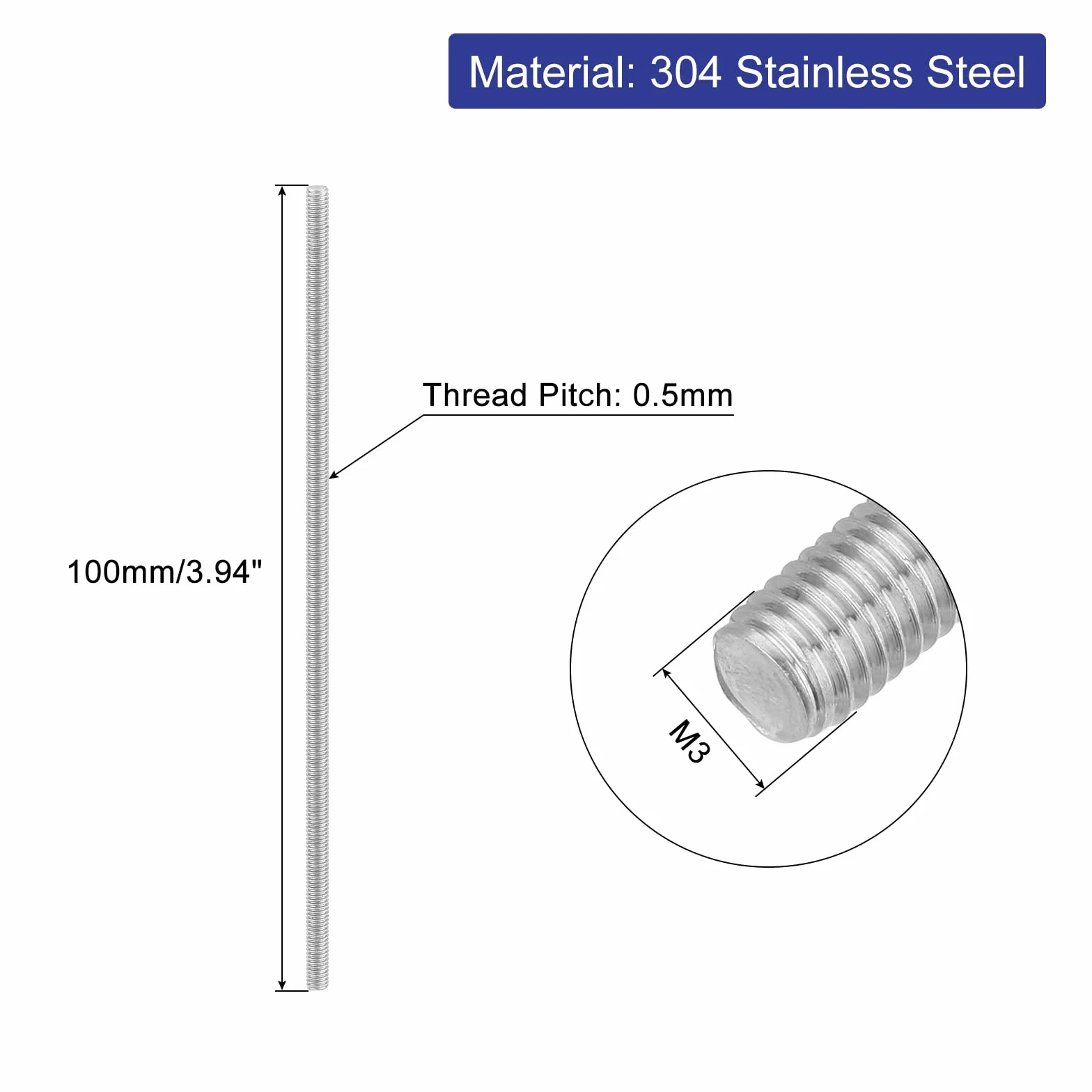 QUARKZMAN Varilla Roscada M3 x 100mm Acero Inoxidable 304, M3-0.5 Paso Rosca Derecha