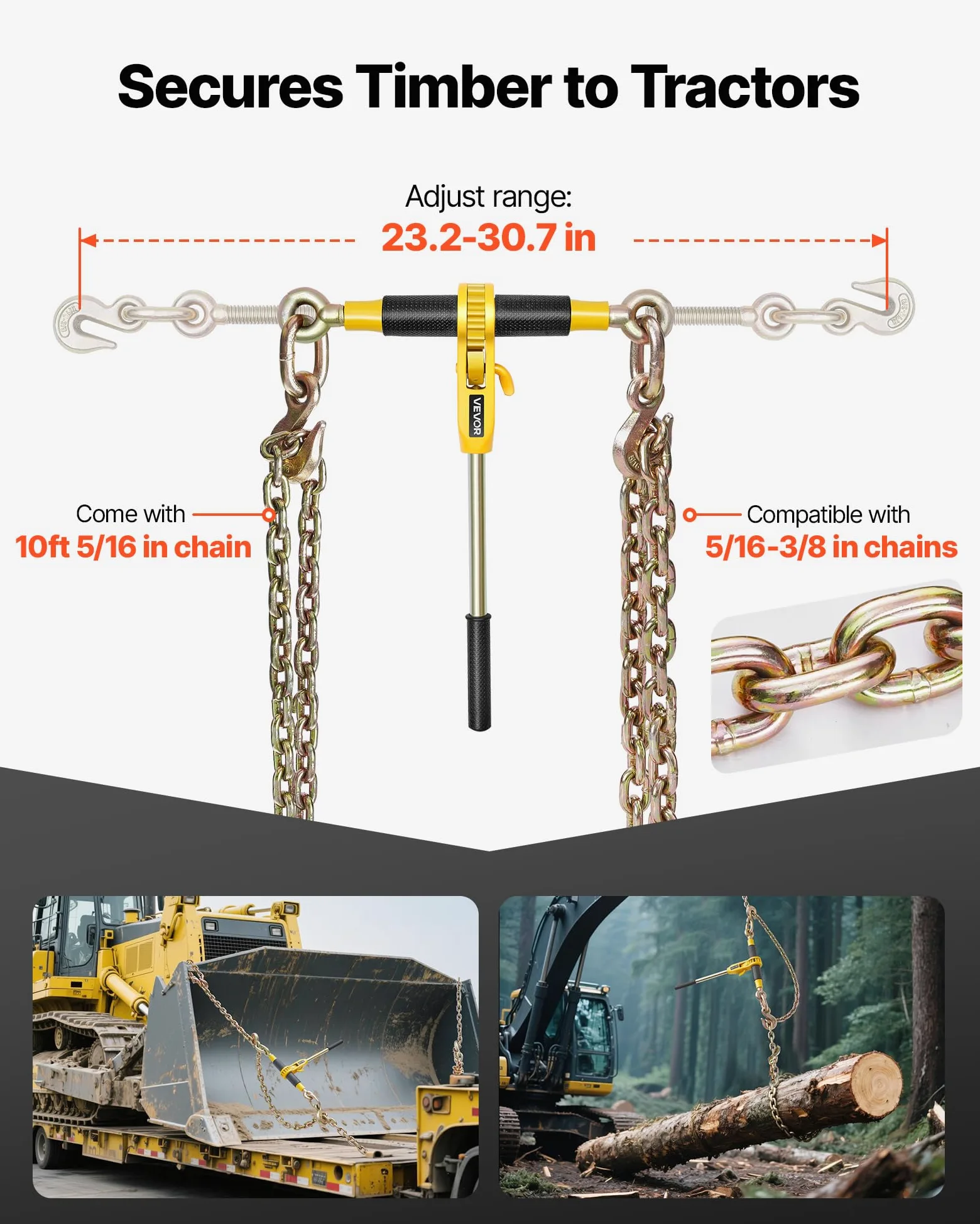 VEVOR Tensor de Trinquete con Cadenas G80 de 8 mm x 3 m, Kit de Cadenas y Tensores 2 Piezas Tensores de Cadena de Amarre Carga de Trabajo de 3629 kg para Transporte, Remolque, Rala y Elevación