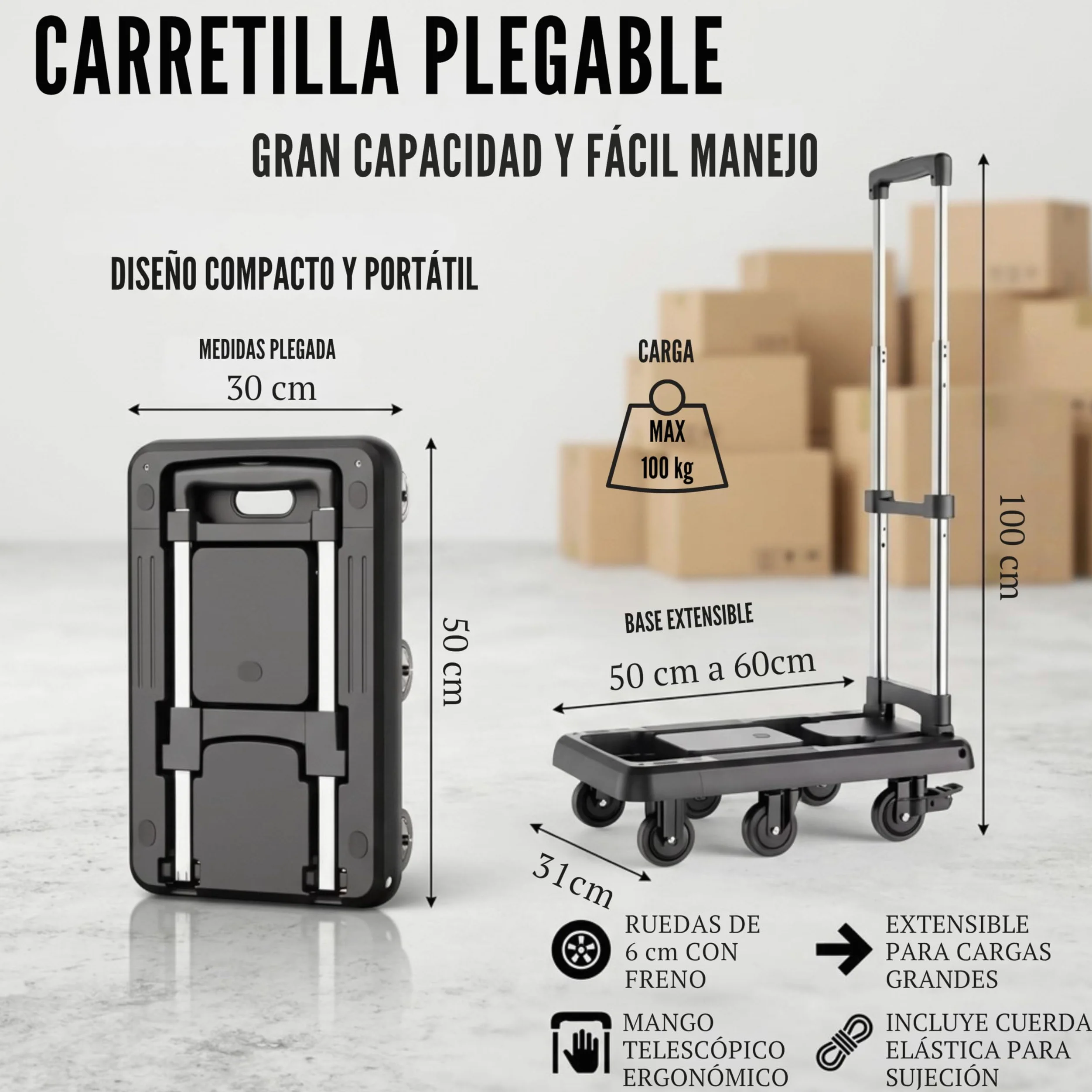 Carretilla Plegable hasta 100kg con 6 Ruedas de Goma con Freno, Carro de Transporte Plegable Extensible 60x30 cm, Mango Telescópico Ajustable, Plataforma Compacta para Mudanzas, Compras o Trabajo