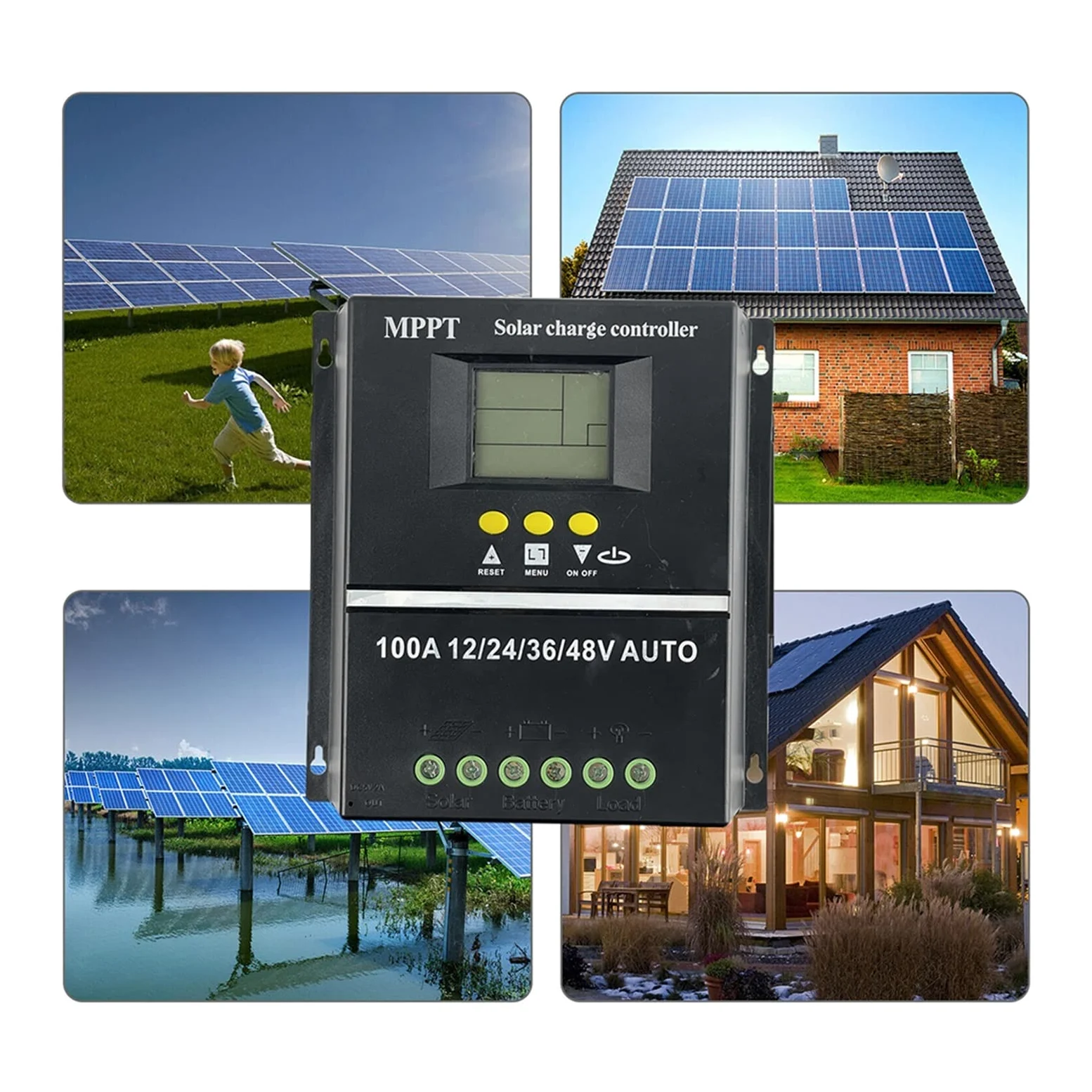 Controlador de carga solar, 100A/80A/60A MPPT/PWM Controlador de carga solar 12V/24V/36V/48V Controlador automático Cargador de batería solar fotovoltaica con LCD &USB doble(80A)